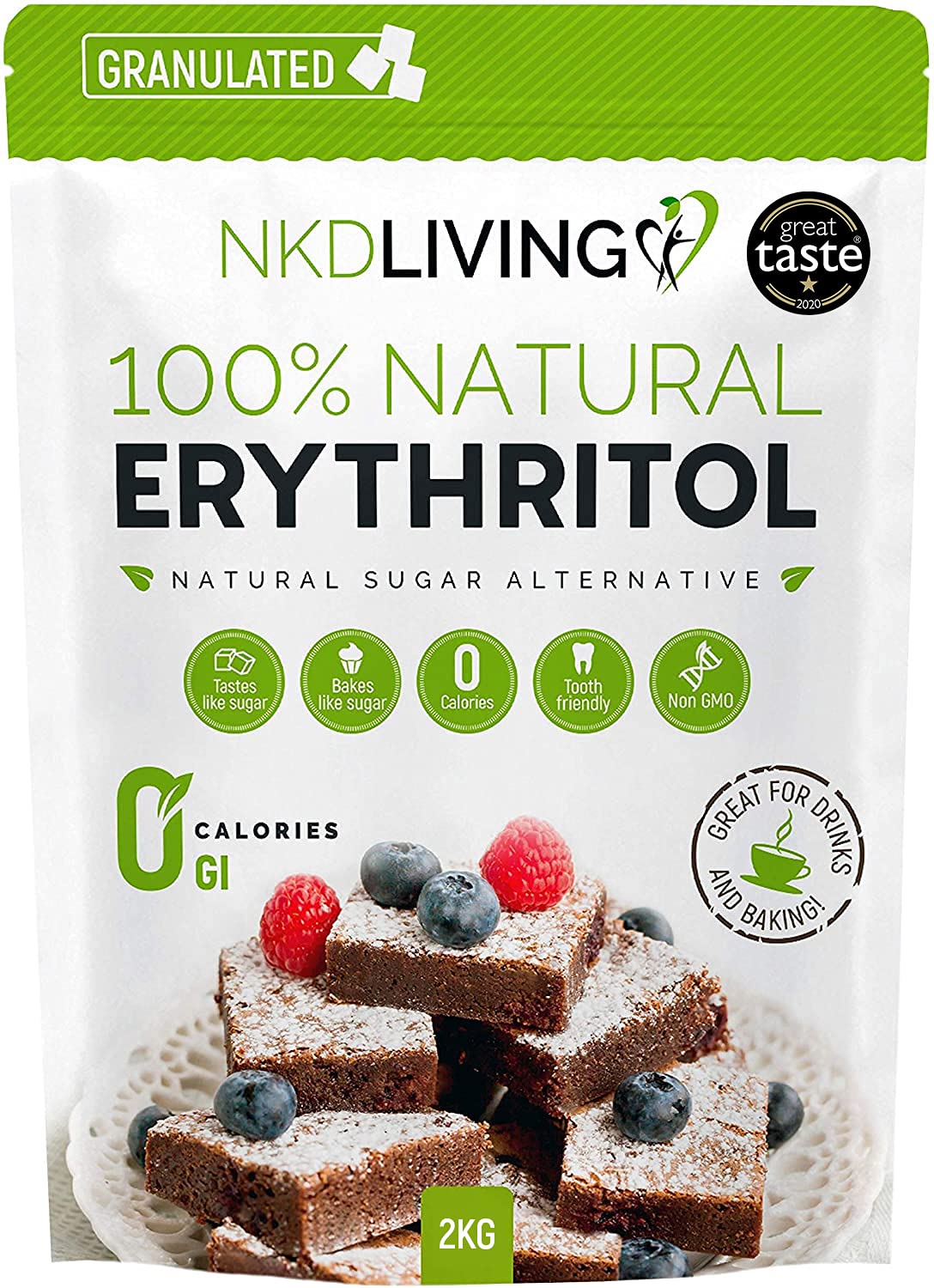 NKDLIVING Natural Erythritol 2kg | Granulated Zero Calorie Sweetener