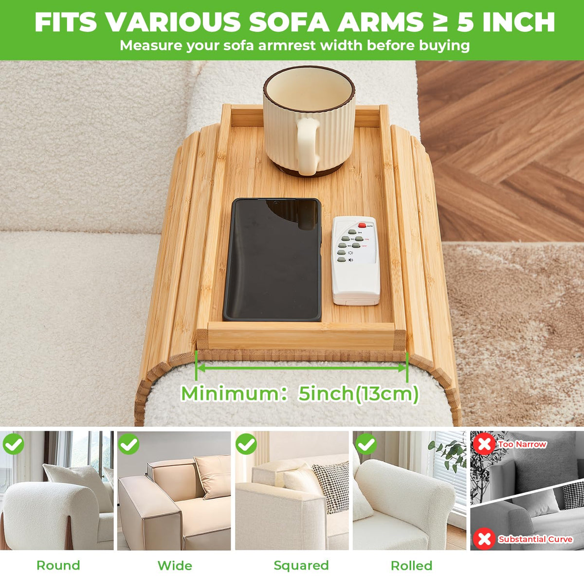LOVYANXUE Bamboo Sofa Arm Tray, Anti Falling Couch Arm Tray Table, Foldable Couch Armrest Table, Portable Sofa Armrest Trays Cup Holder for Drink - image 5