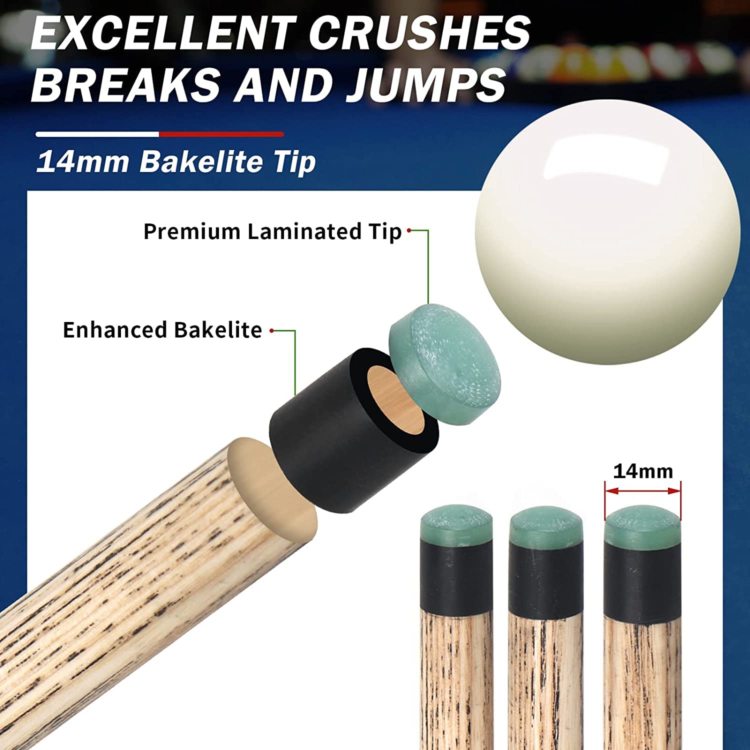 Aklot Jump Break Pool Cue | 20oz Ash Wood Stick with 14mm Bakelite Tip