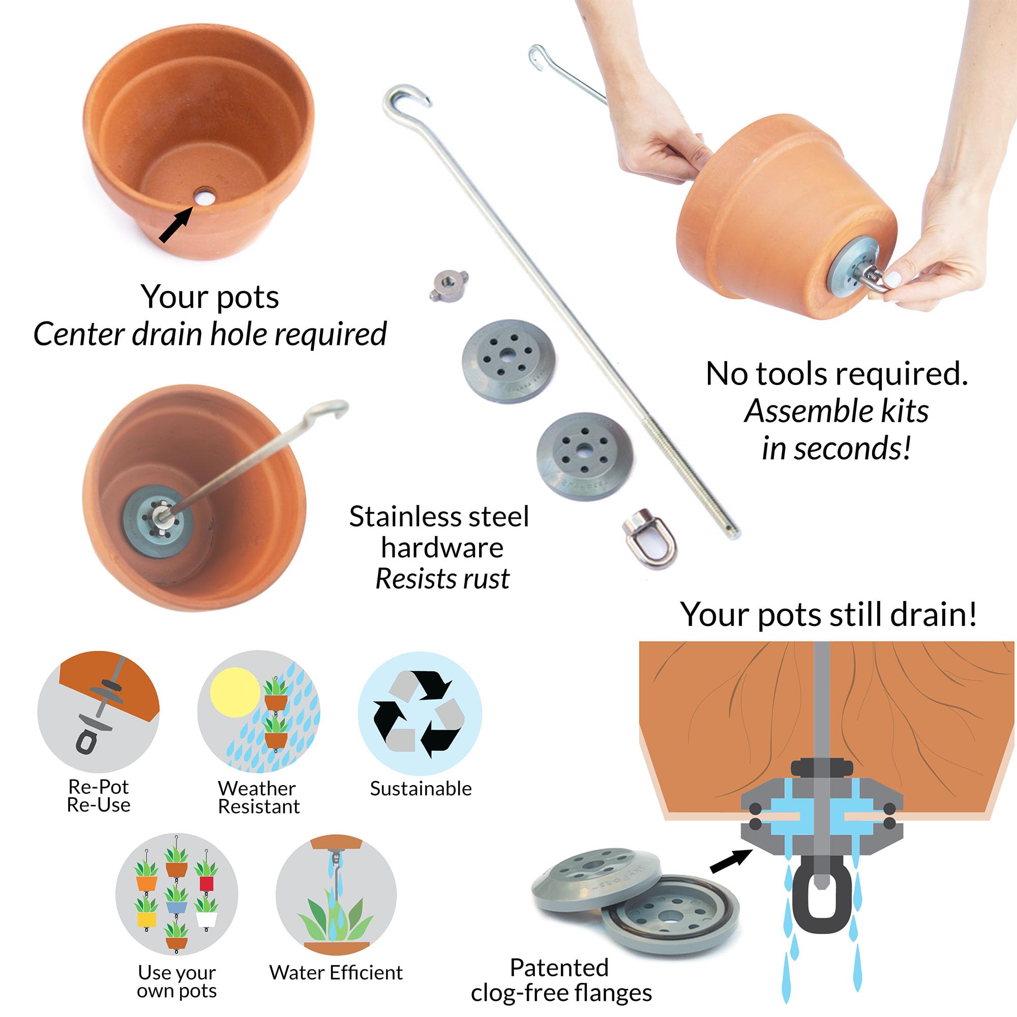 SkyPots Vertical Garden Pot Hanger Kit - 2 Pack Stainless Steel Hooks