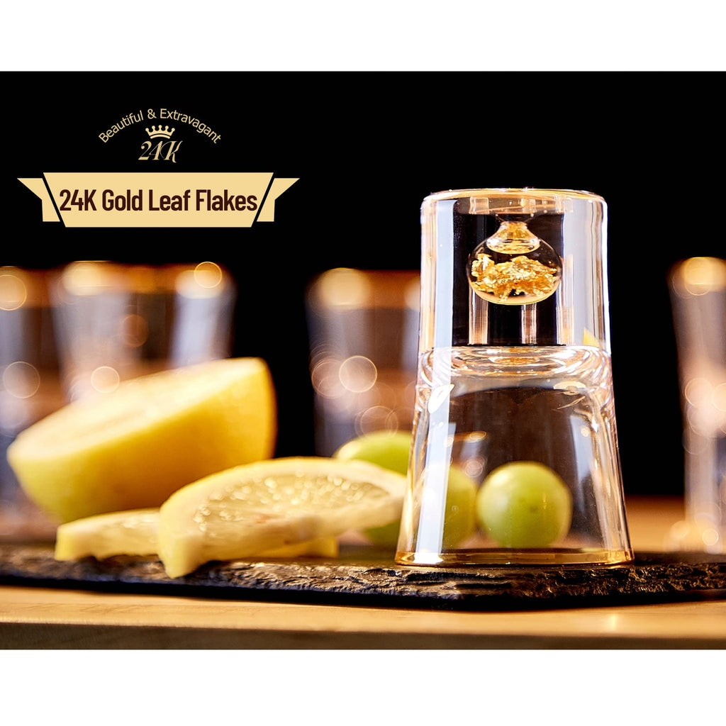 DUJUST Crystal Shot Glass Set – 24K Gold Leaf Flakes & Rim (6 Pcs, 45ml)