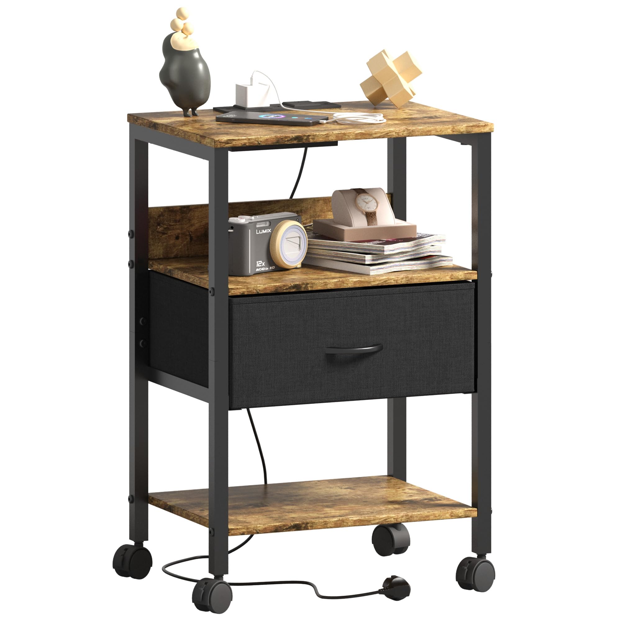 Lutown-Teen Bedside Table with Charging Station and Wheels | Rustic Brown