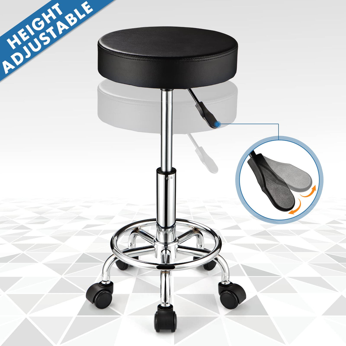FNZIR Adjustable Stool with Wheels Round Rolling Stool for Spa Salon Massage Office Stool Chair Black
