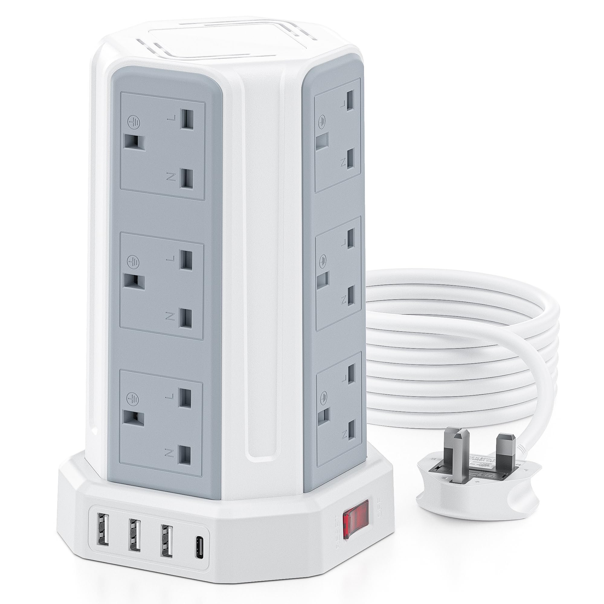 Aodeng 12 Way Tower Extension Lead – 4 USB Surge Protector, 3M Cable