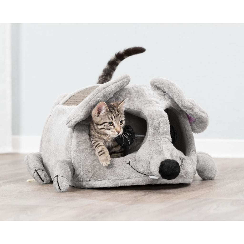 TRIXIE Lukas Cat Cuddly Cave – Grey Plush Bed with Sisal Scratcher