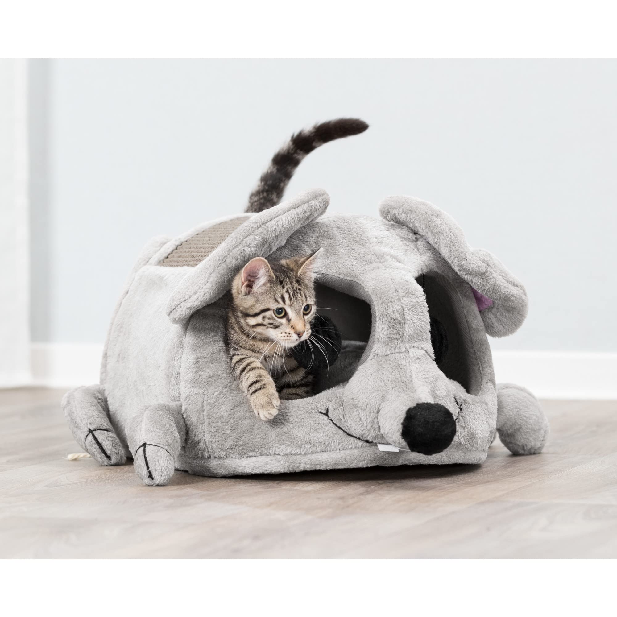 TRIXIE Lukas Cat Cuddly Cave – Grey Plush Bed with Sisal Scratcher