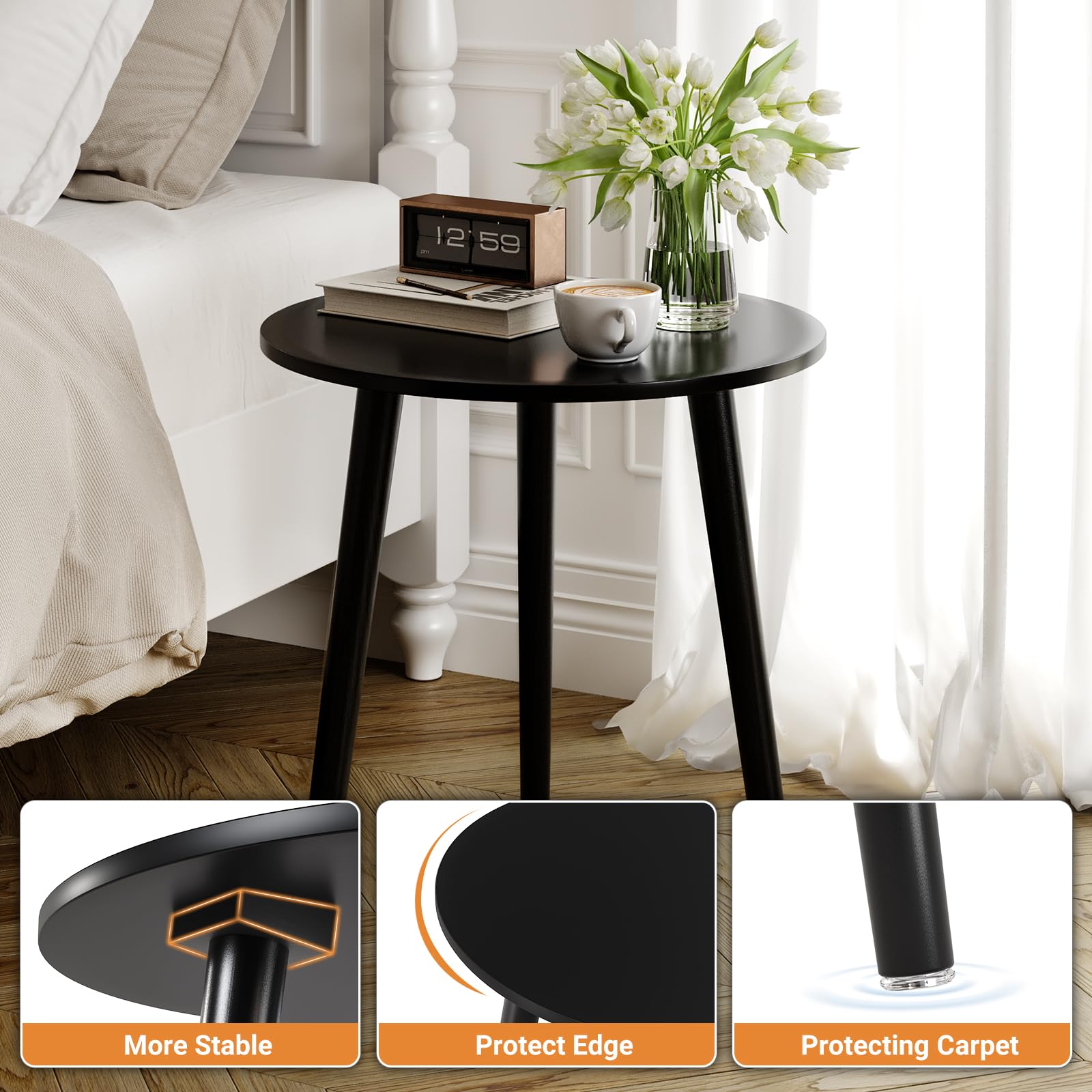 APICIZON Round Side Table – Black Wooden End Table for Small Spaces