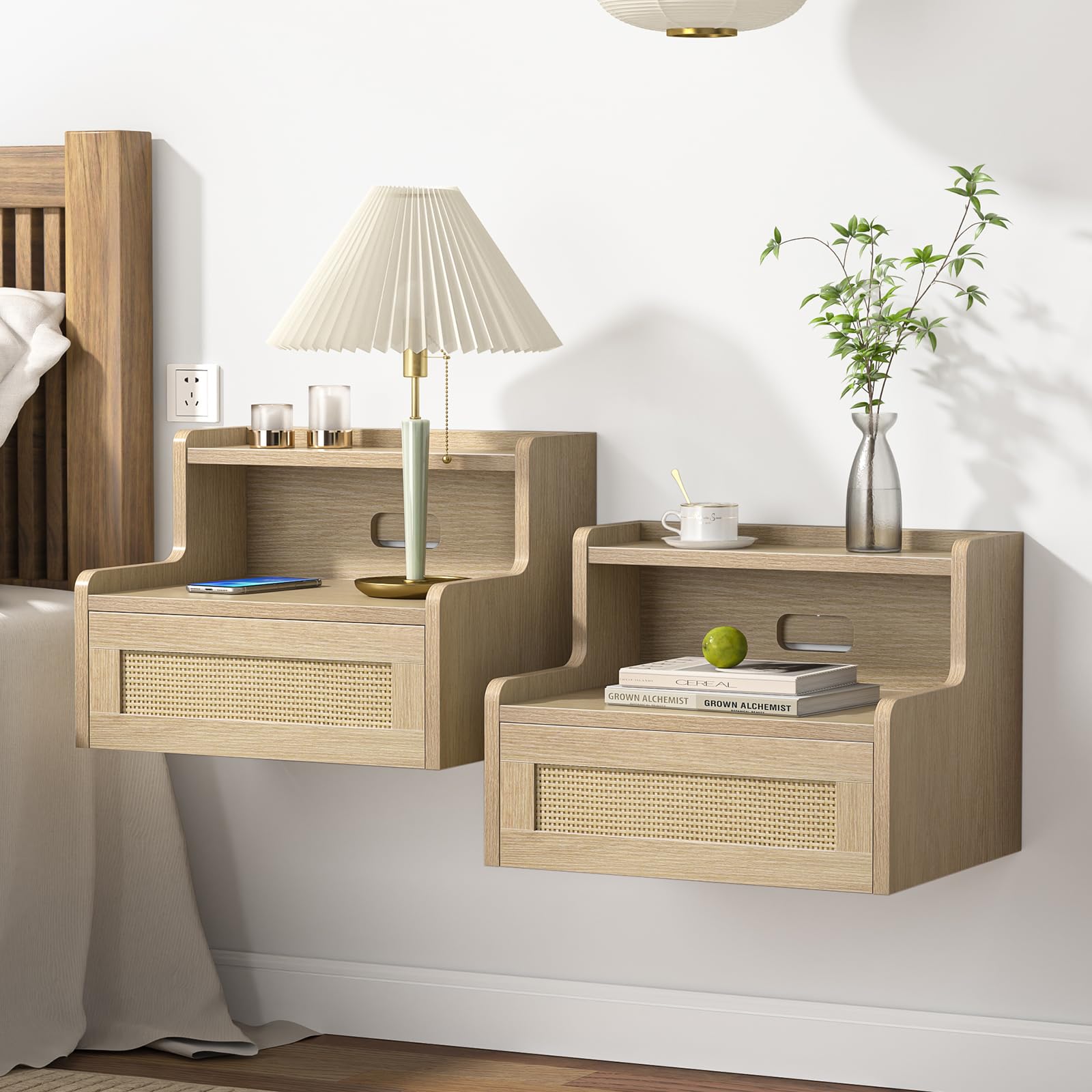 Skokliz Set of 2 Floating Bedside Tables – Wall-Mounted Rattan Nightstands