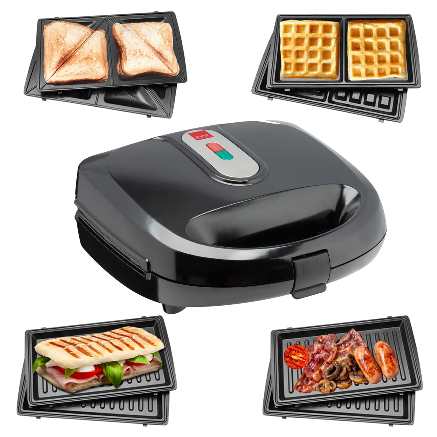 Sensio Home 3-in-1 Waffle, Sandwich & Panini Maker with Non-Stick Plates