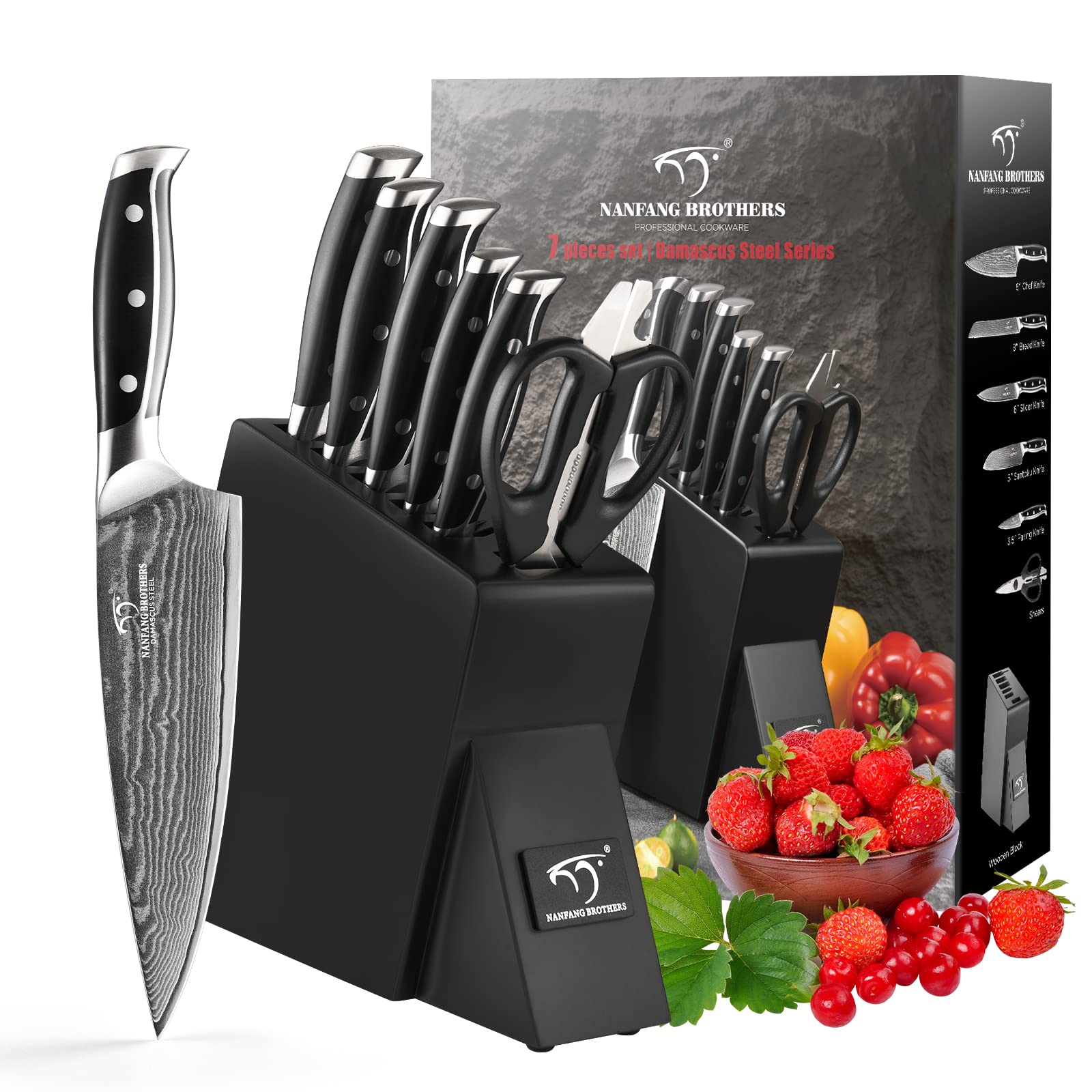 Nanfang Brothers Damascus Kitchen Knife Set | VG10 Steel with Block
