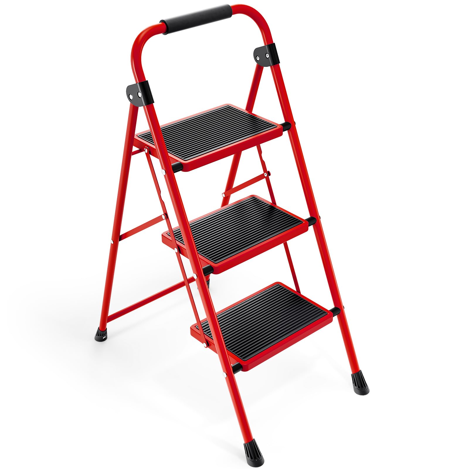 KINGRACK 3-Step Folding Ladder | Non-Slip Steel Portable Step Stool, Red