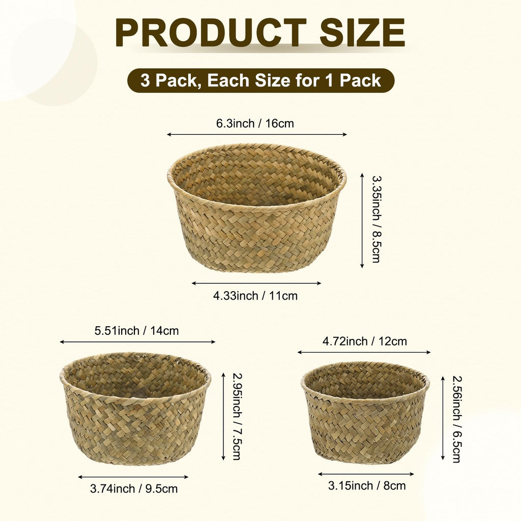 M METERXITY 3-Pack Natural Seagrass Woven Storage Basket, Small Round Storage Seaweed Woven Sundries Baskets for Fruit/Kitchen/Desktop/Household
