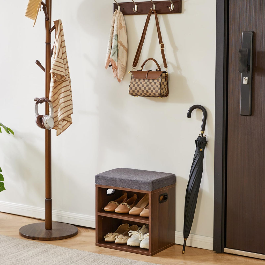 YMYNY Small Shoe Storage Bench with Cushion, Light Walnut HBD028LW - image 2