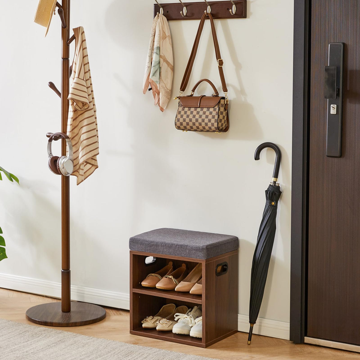 YMYNY Small Shoe Storage Bench with Cushion, Light Walnut HBD028LW - image 2