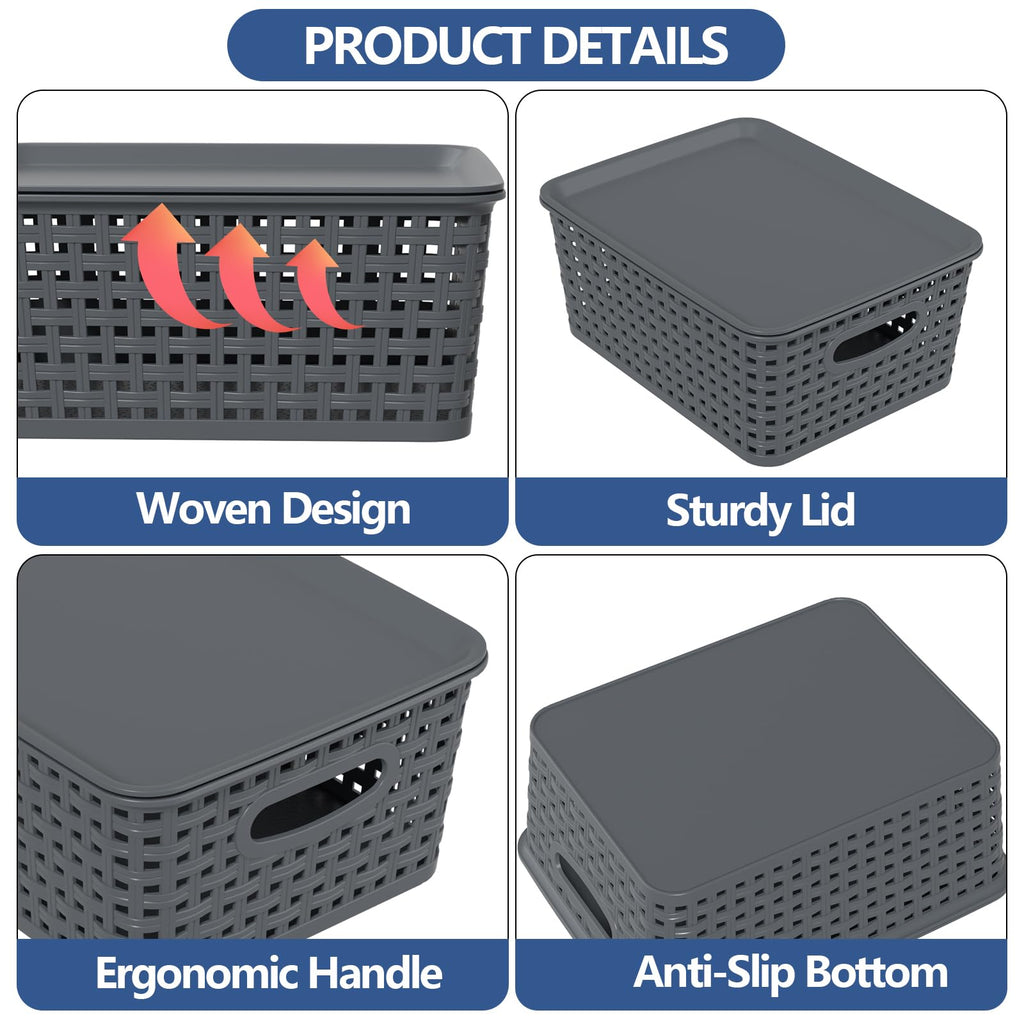Vadidiya 6 Pack Plastic Weave Storage Baskets with Lids, Grey lidded Bins - image 2