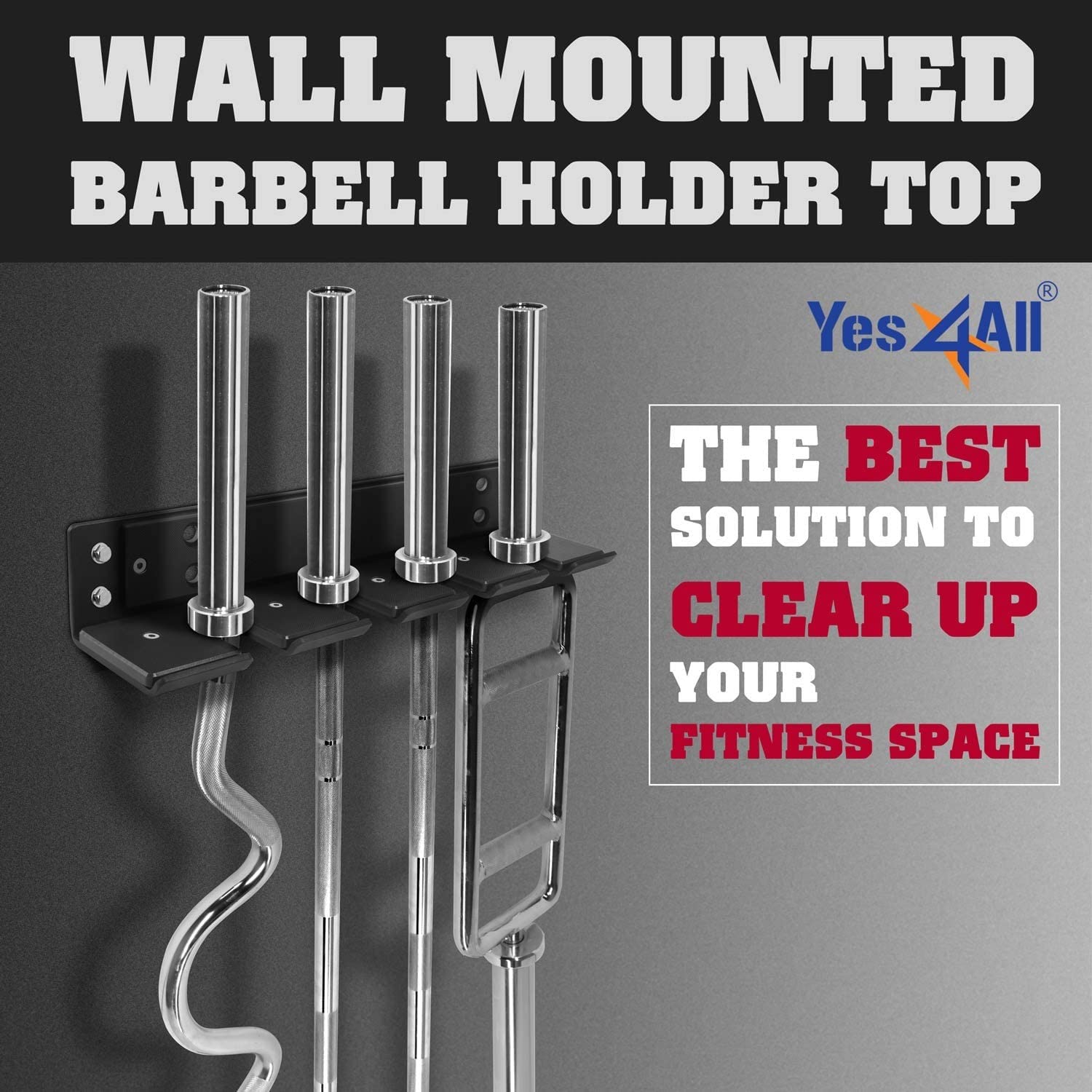Yes4All Vertical Wall Mounted Olympic Barbell Holder - 4 Bar Steel Rack
