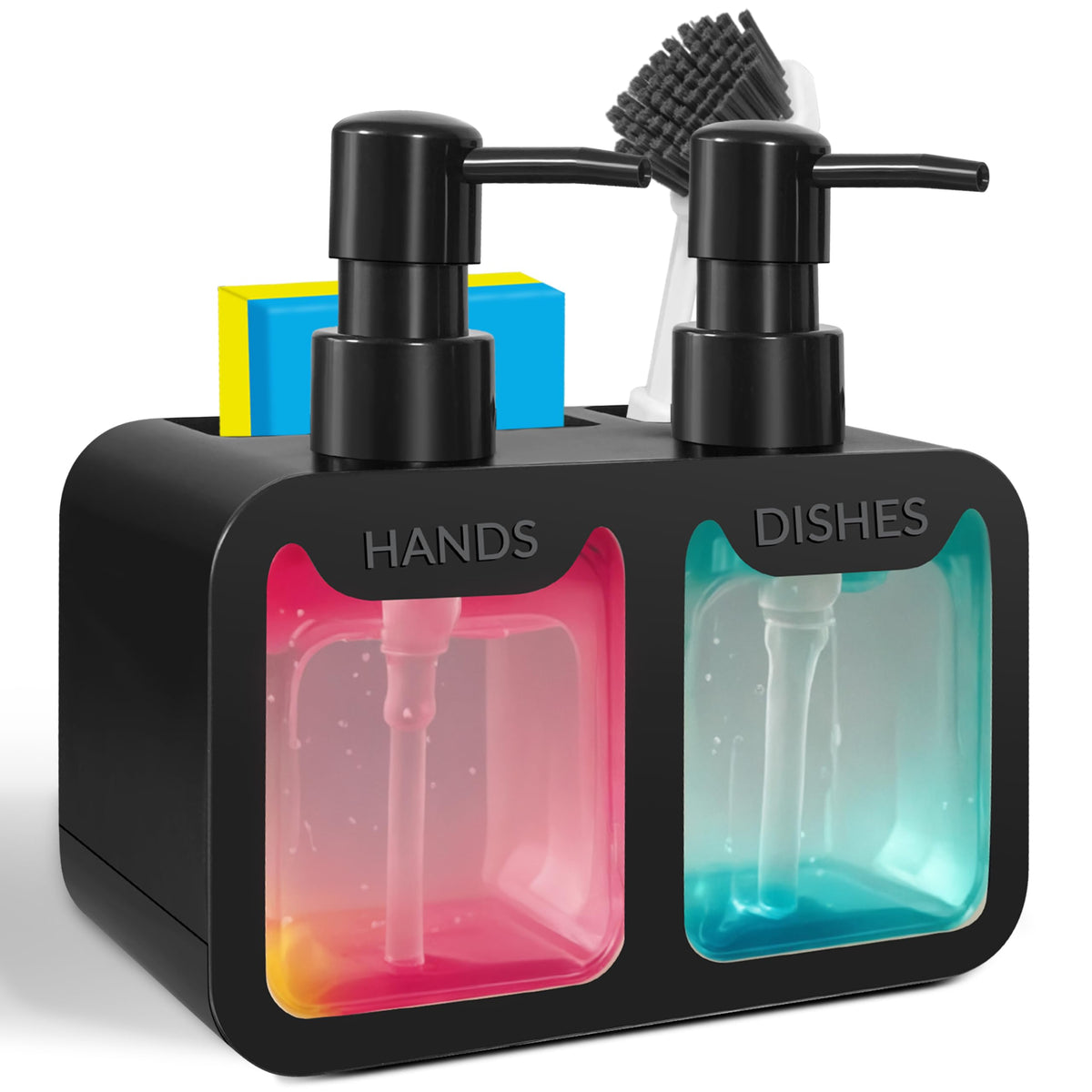 4-in-1 Kitchen Soap Dispenser Set - Dual Hand & Dish Soap Dispenser with Sponge Caddy & Brush Holder - Kitchen Sink Organizer for Countertop Black