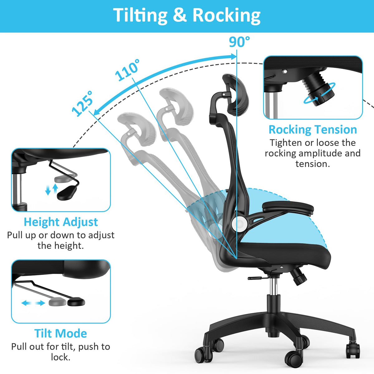 Feonase Ergonomic Office Chair with Adjustable Headrest and Lumbar Support, Mesh Back, Flip-up Armrests and Rocking Function