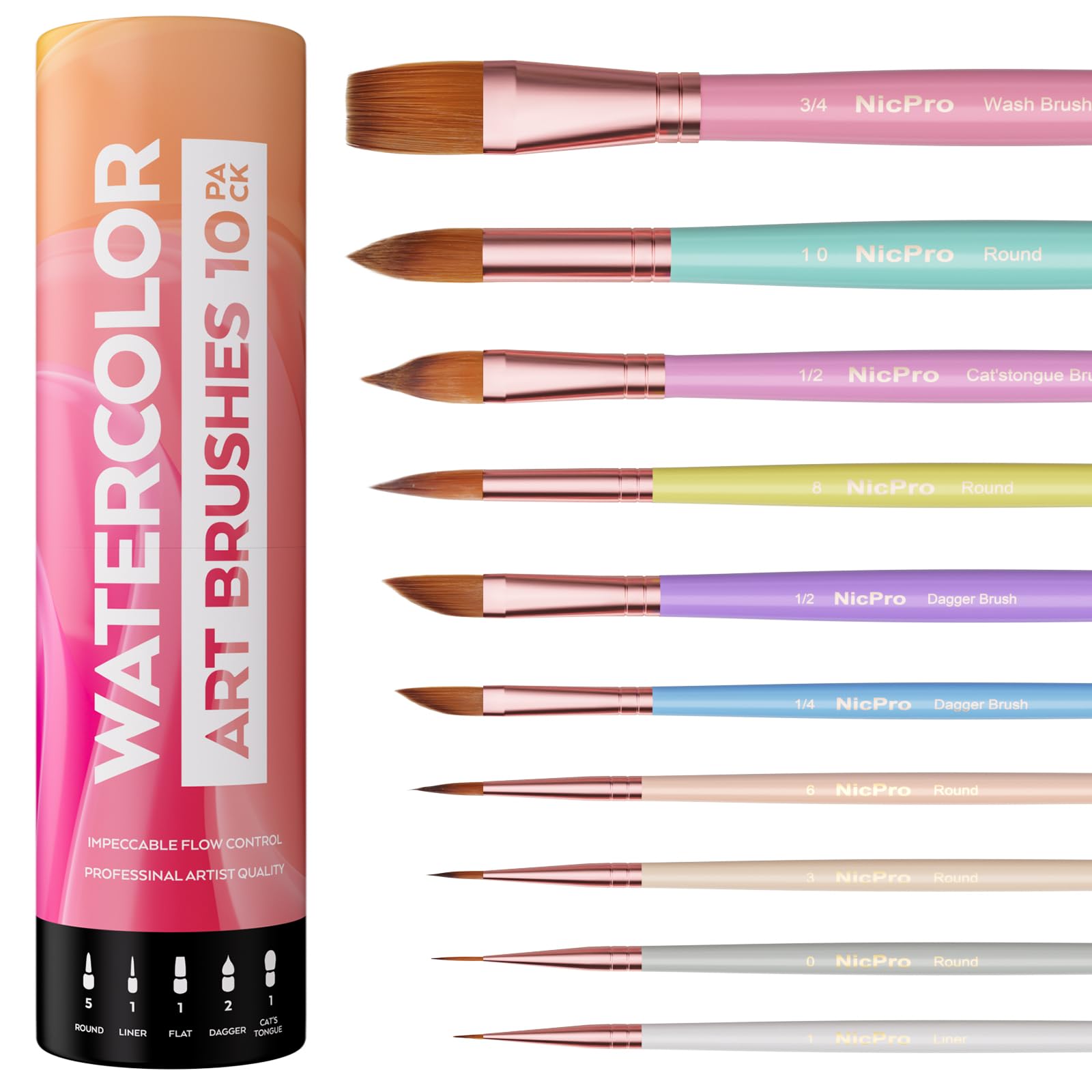 Nicpro 10PCS Pastel Watercolor Brush Set – Professional Nylon Art Brushes