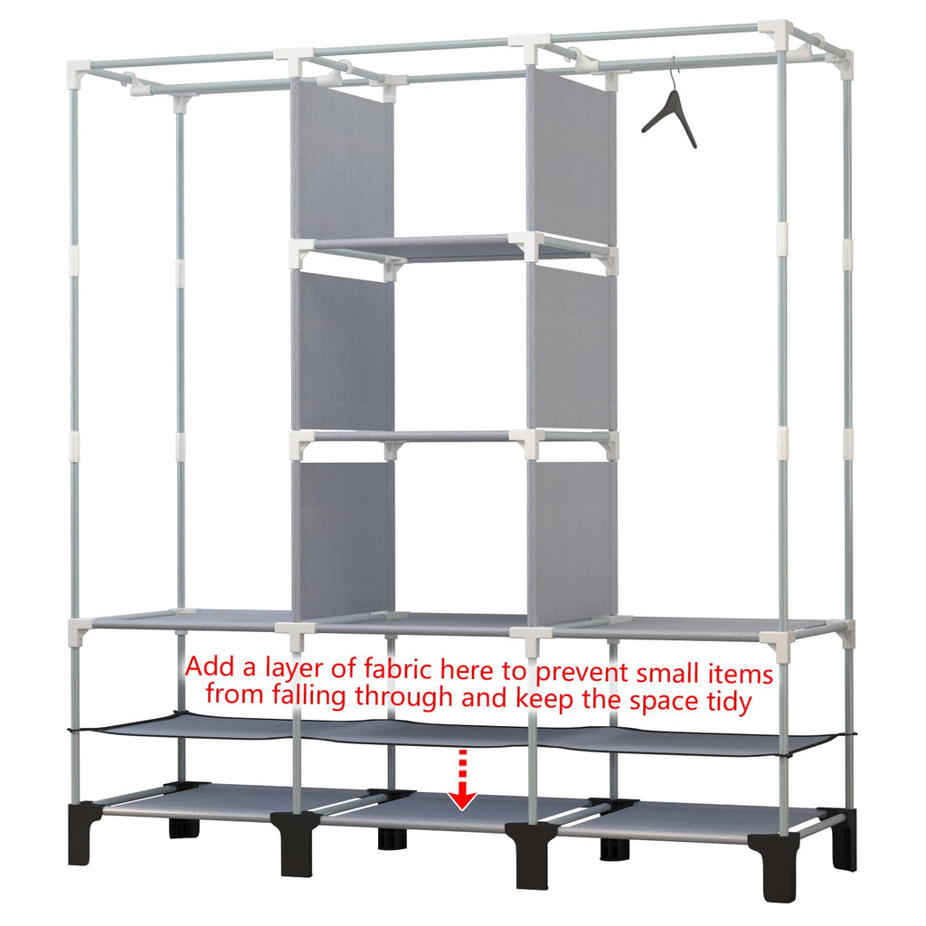 chunyangjingpin Portable Closet with 2 Hanging Rails & 8 Shelves, Bedroom Wardrobe with 18 Side Pockets, Foldable Garment Organiser Grey