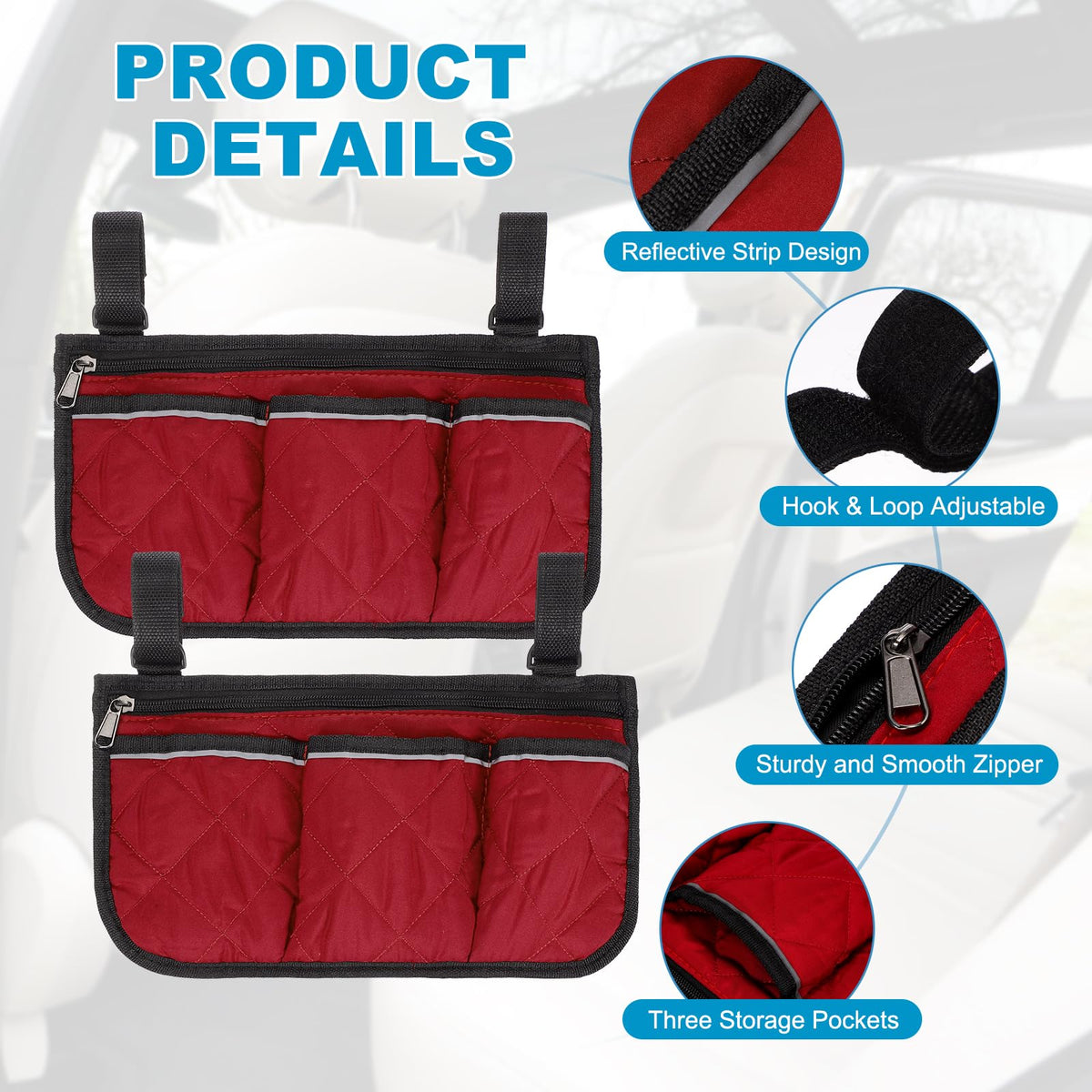 YELARXI Beach Chair Armrest Bag, Beach Side Bag Hanging Storage Organizer with Reflective 4 Pockets Waterproof Pouch 13 x 7" & 2Pcs & Red - Fit for - image 3