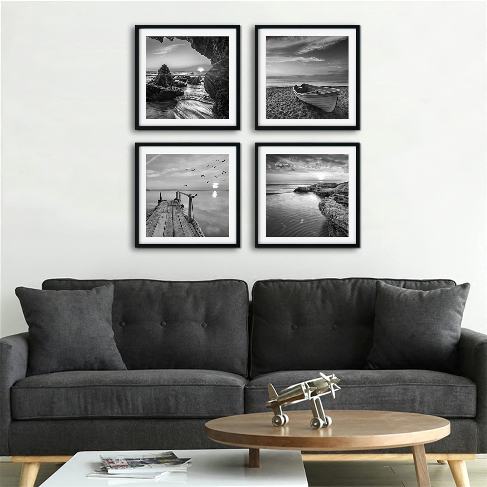 Black and White Seascape Wall Art | 12x12 Framed Prints 4PCS