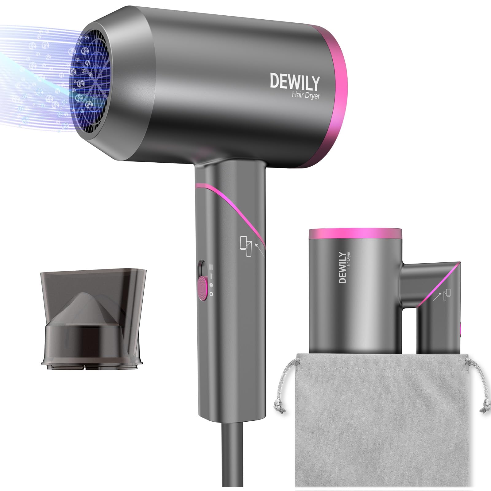 DEWILY Ionic Travel Hair Dryer – 1800W Foldable Blow Dryer for All Hair Types