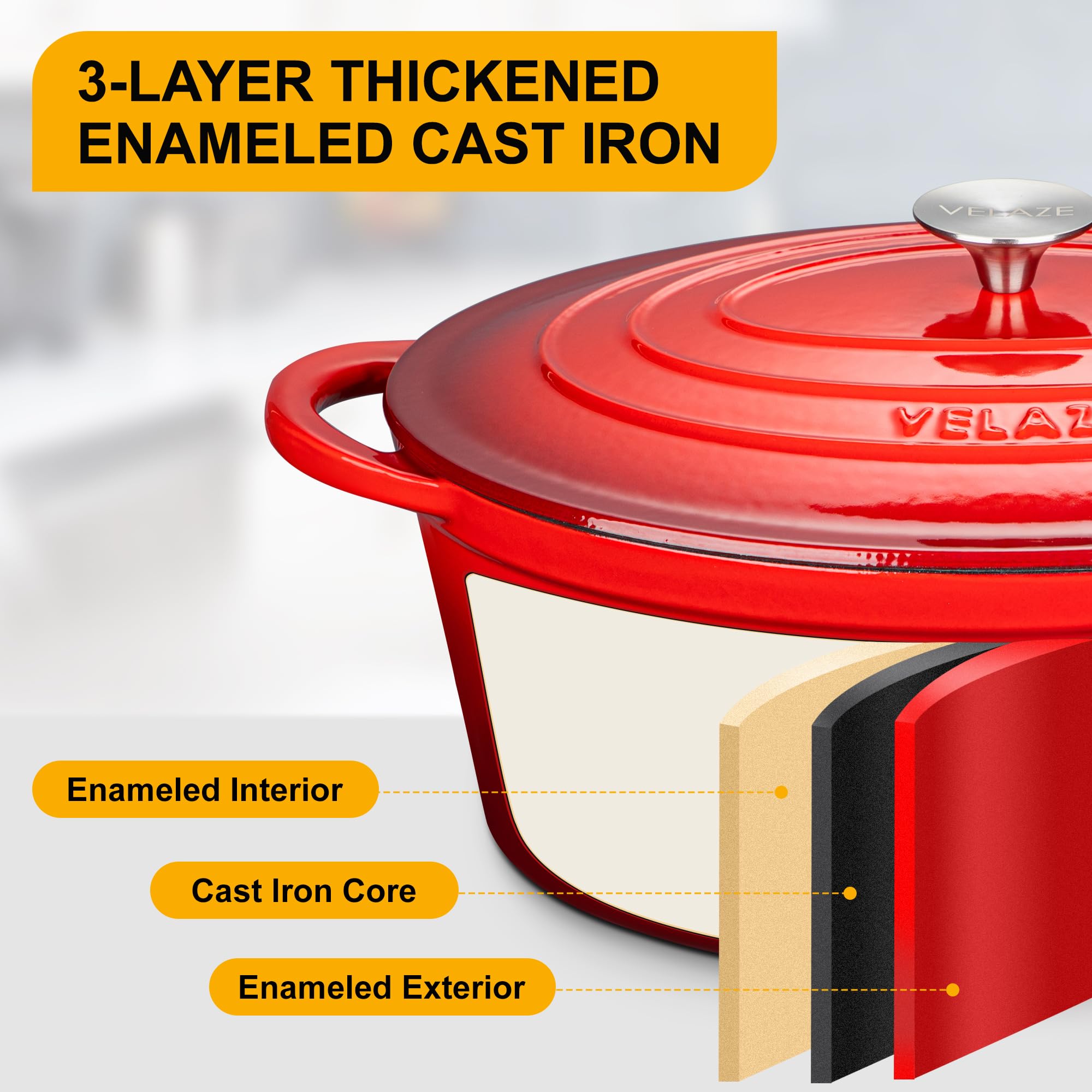Velaze Enameled Cast Iron Dutch Oven - 7.5L Oval Casserole Dish, Red