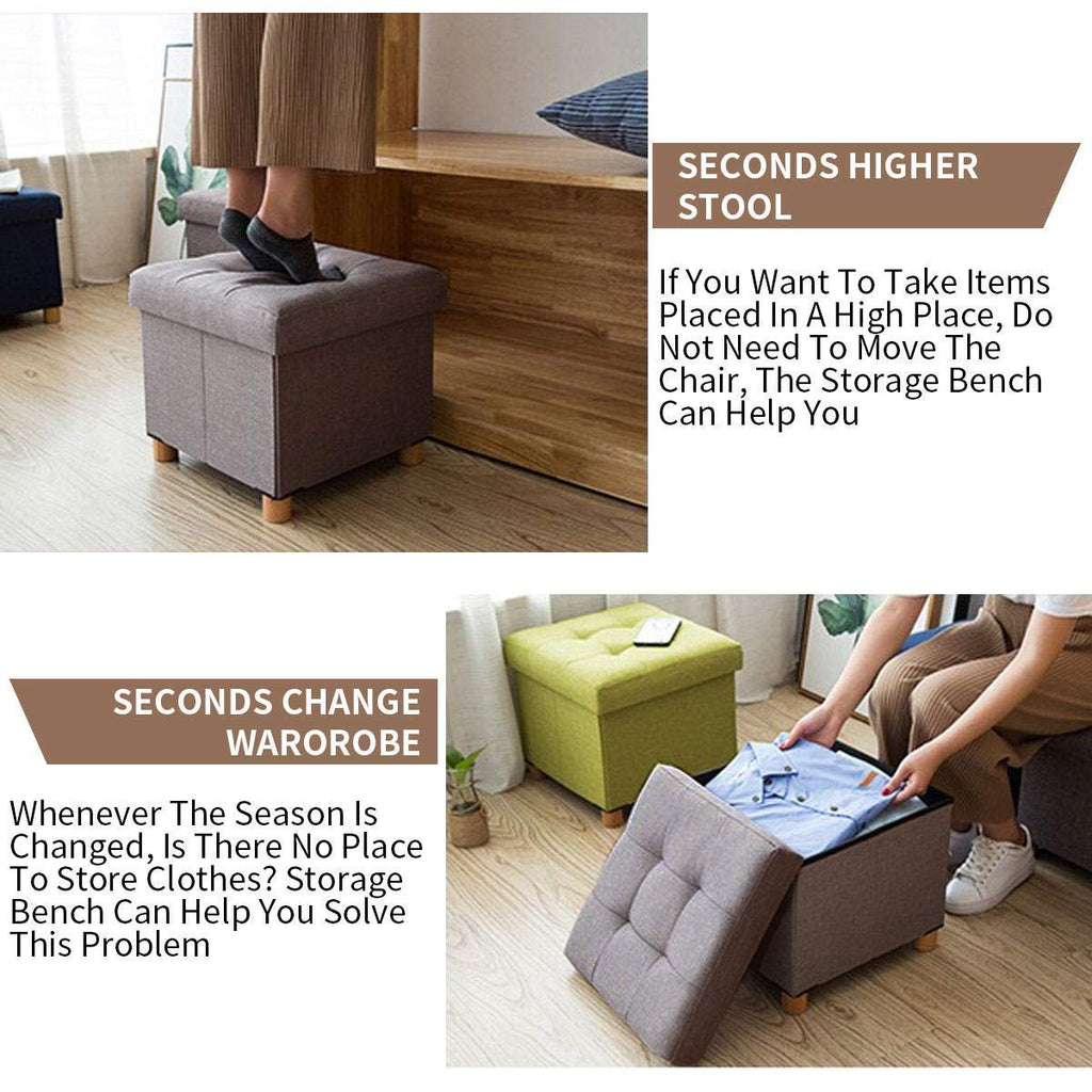 BRIAN & DANY Folding Storage Ottoman | Linen Foot Stool with Wood Legs
