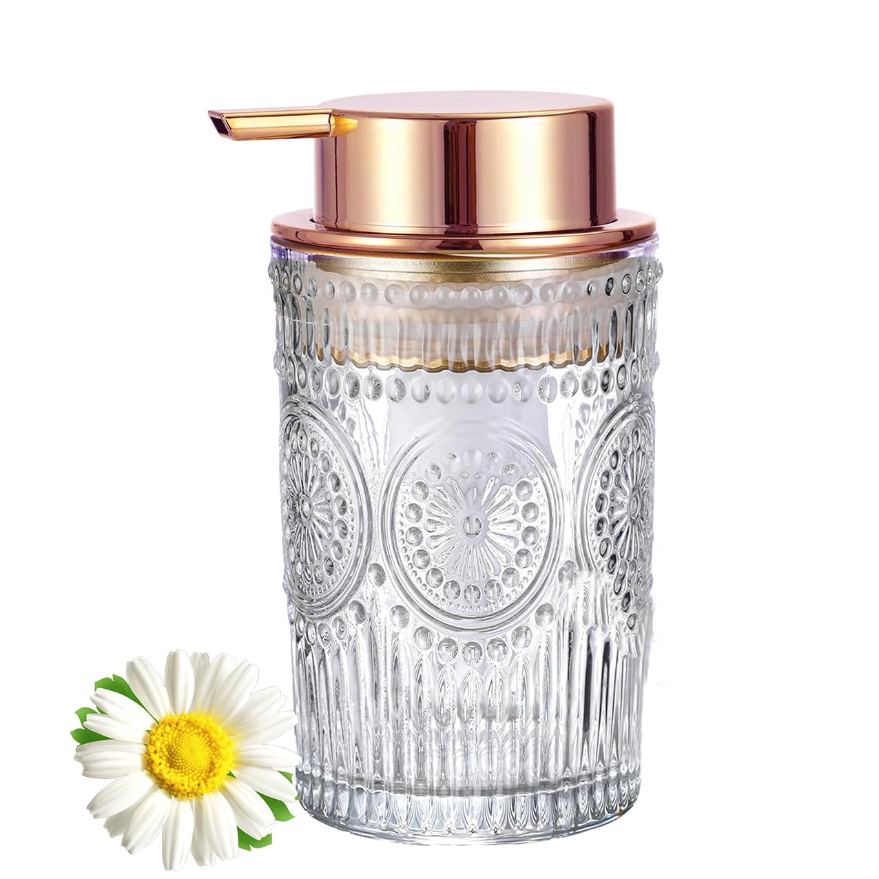 MIFULY Glass Soap Dispenser | Sunflower Relief with Rose Gold Pump – 13.5oz