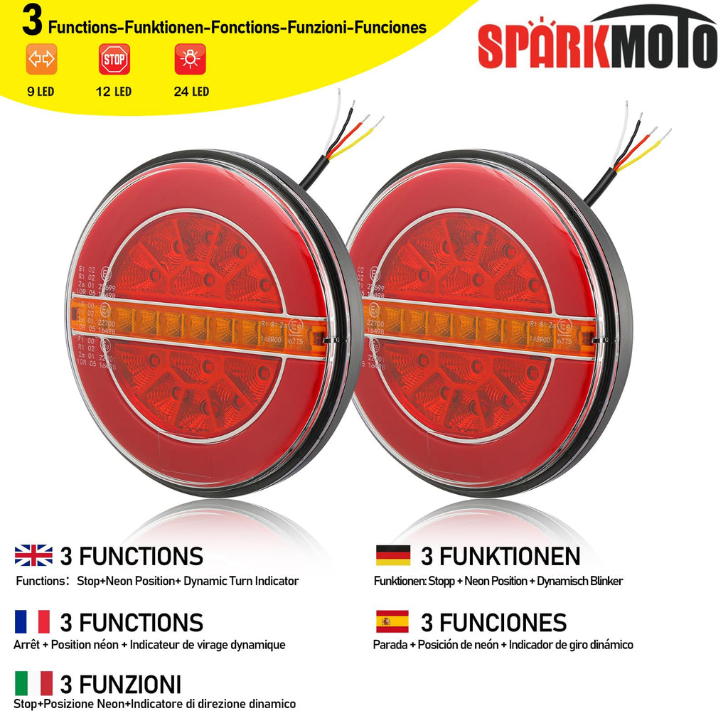 SPARKMOTO Round LED Trailer Tail Lights | 12V 24V IP67 Waterproof - 2 Pack