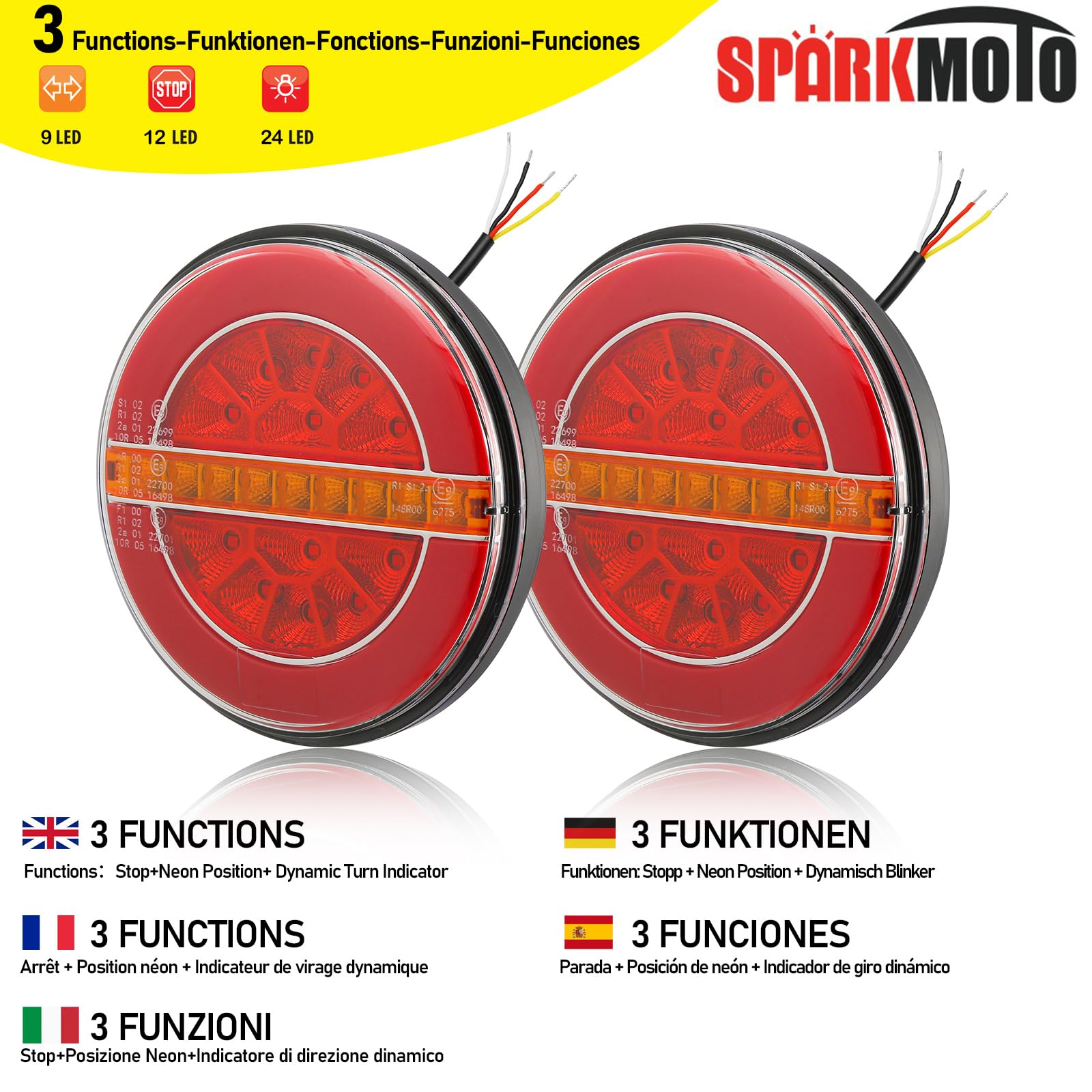 SPARKMOTO Round LED Trailer Tail Lights | 12V 24V IP67 Waterproof - 2 Pack