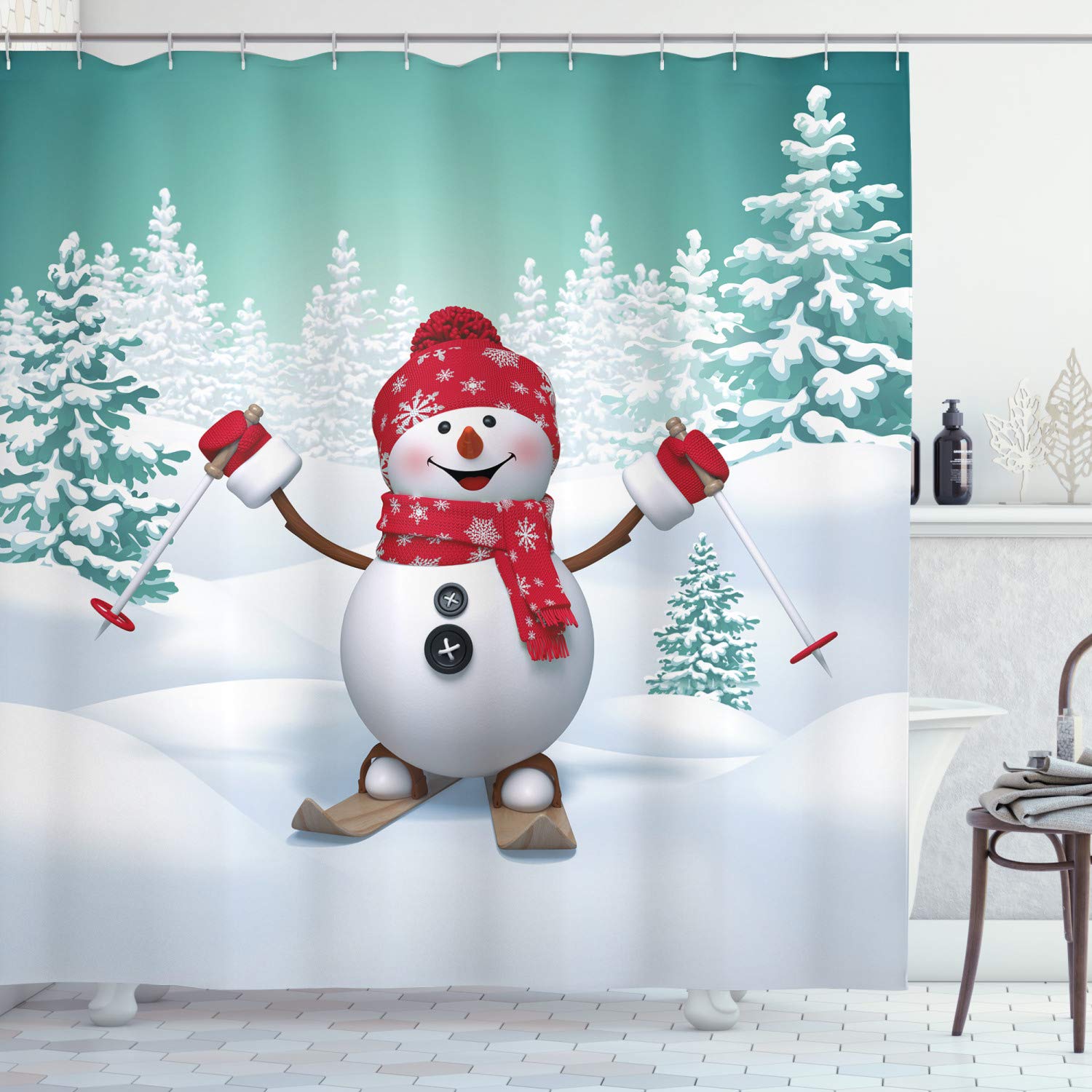 ABAKUHAUS Christmas Shower Curtain | Snowman & Mountain | Waterproof Fabric
