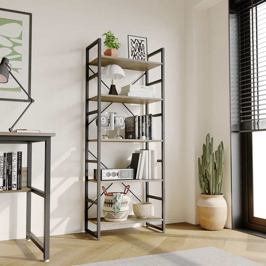 TREETALK 5-Tier Industrial Bookshelf – Grey Standing Storage Rack