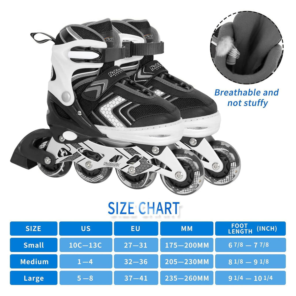 Nattork Kids Adjustable Inline Skates with Light Up Wheels – Black Size M