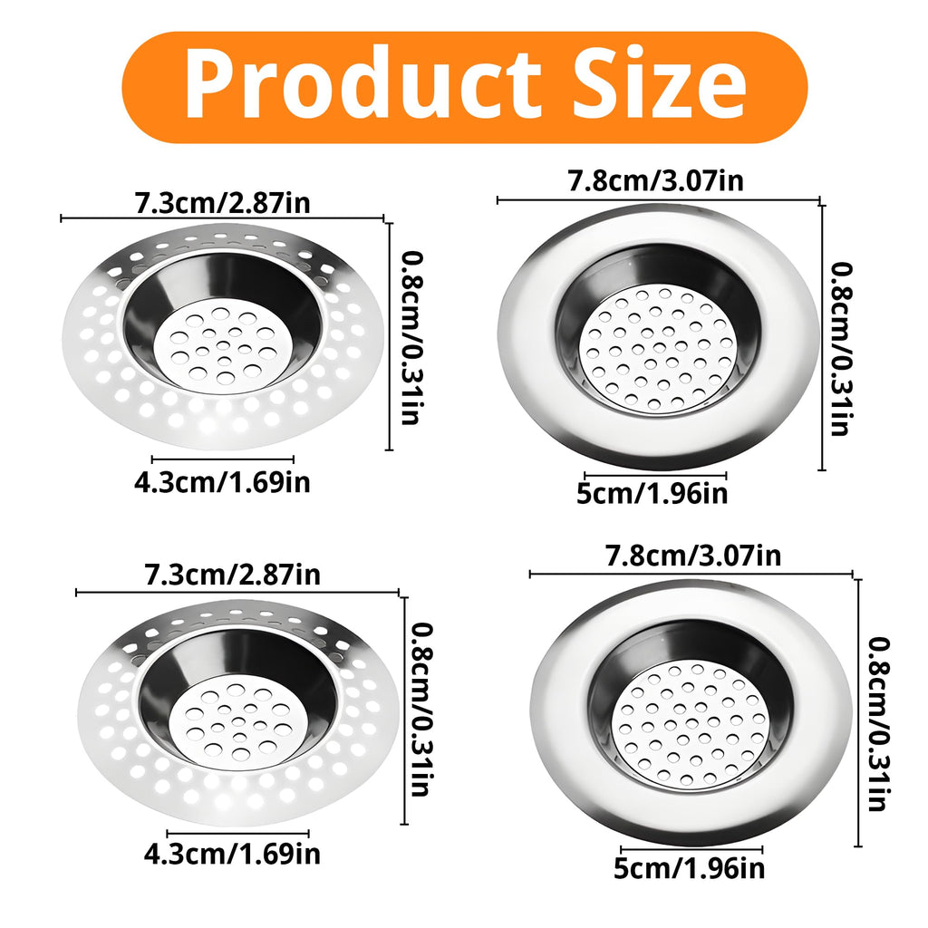 4 PCS Drain Hair Catcher, Stainless Steel Kitchen Sink Strainer Plug Shower Bathroom Plug Hole Sink Filter, Drain Protector Filter7.3CM, 7.7CM