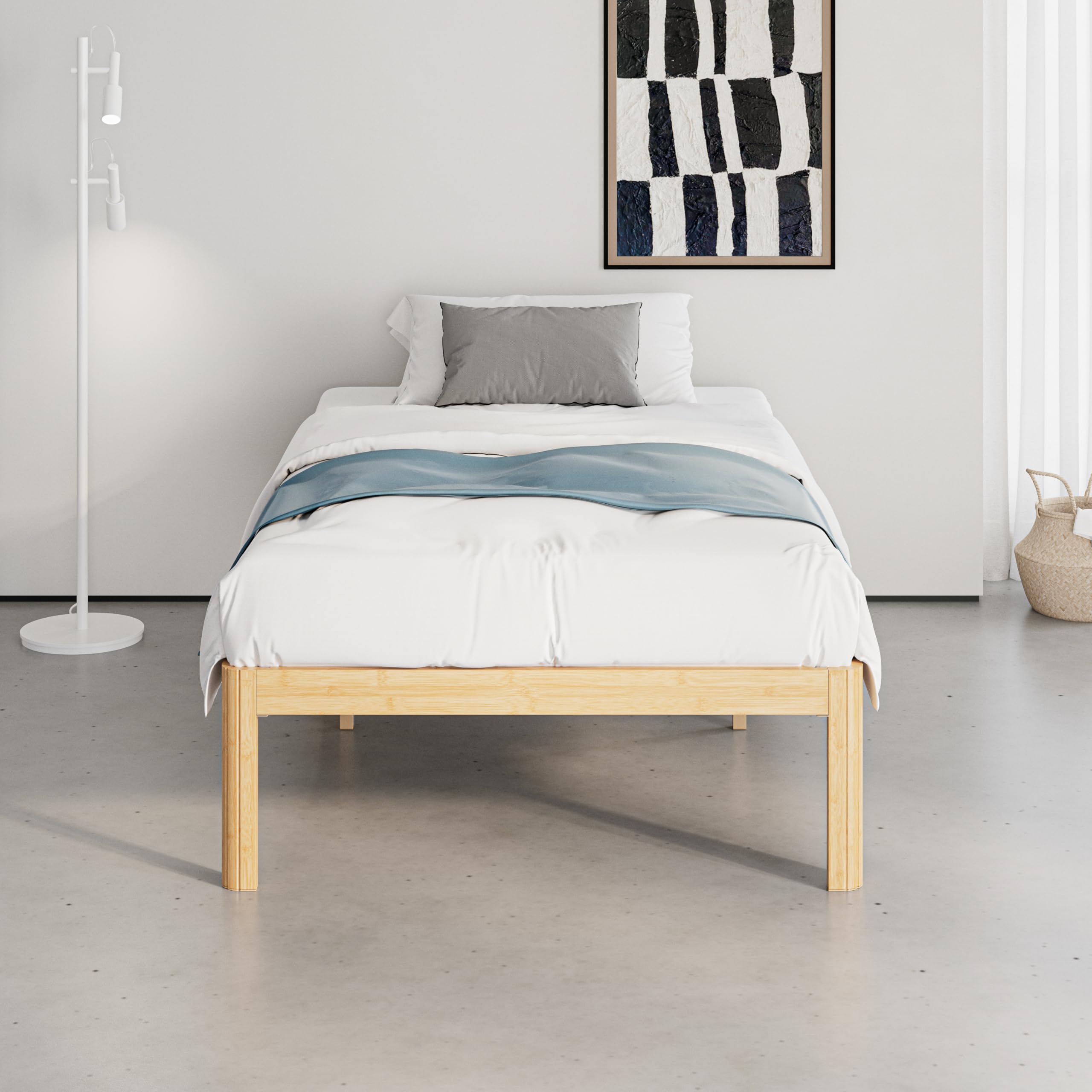 QFtime Single Bamboo Platform Bed Frame with Metal Slats – 44cm High