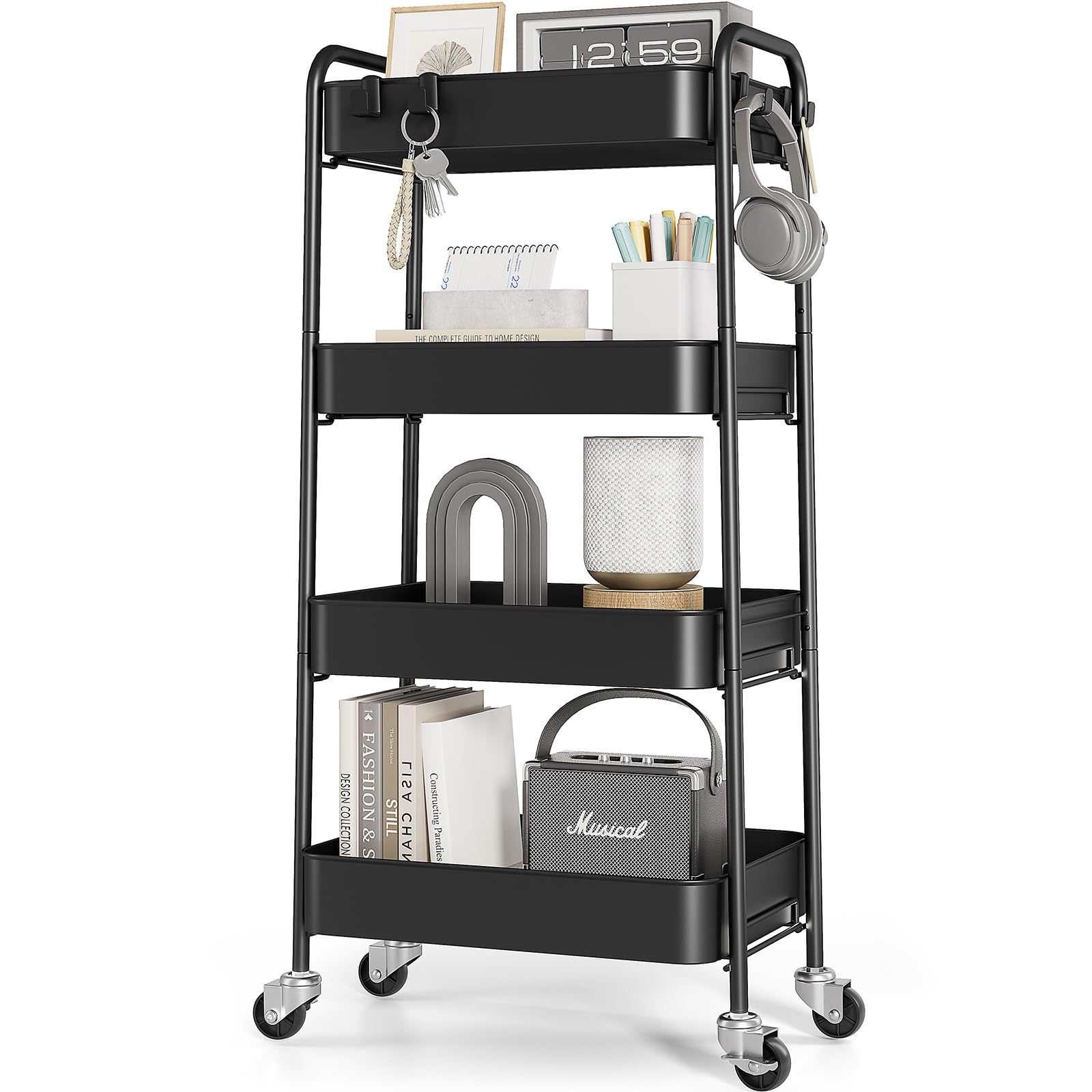 KINGRACK 4-Tier Metal Rolling Utility Cart with Wheels and Hooks – Black