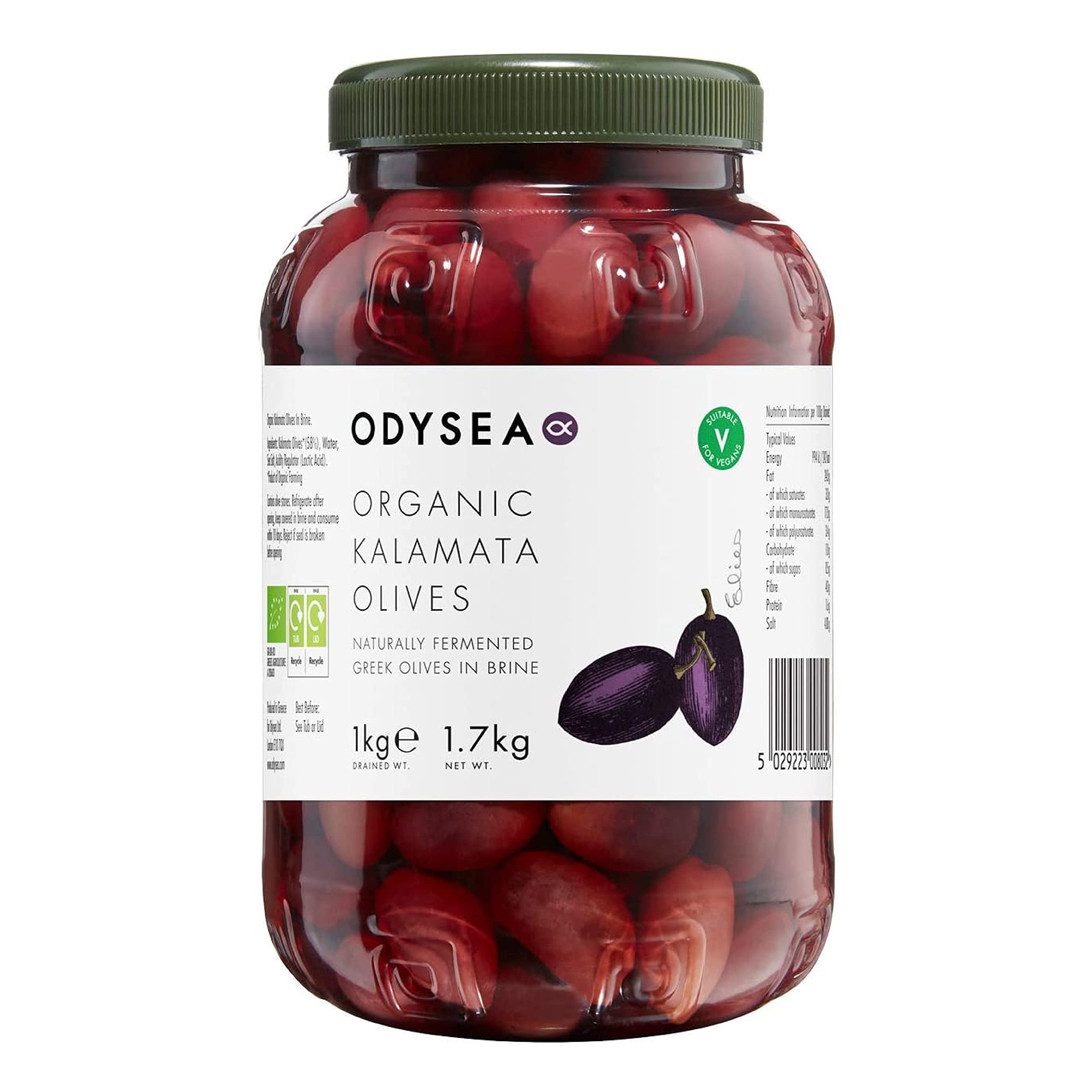 Odysea Organic Kalamata Olives – Hand Picked Unpitted Olives in Brine, 1kg