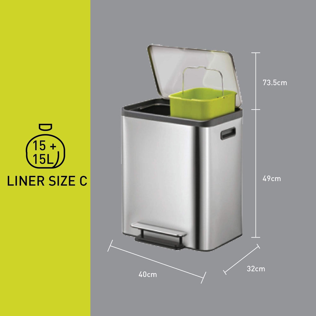 EKO Ecocasa 30L Recycling Bin – Stainless Steel Dual Pedal Kitchen Bin