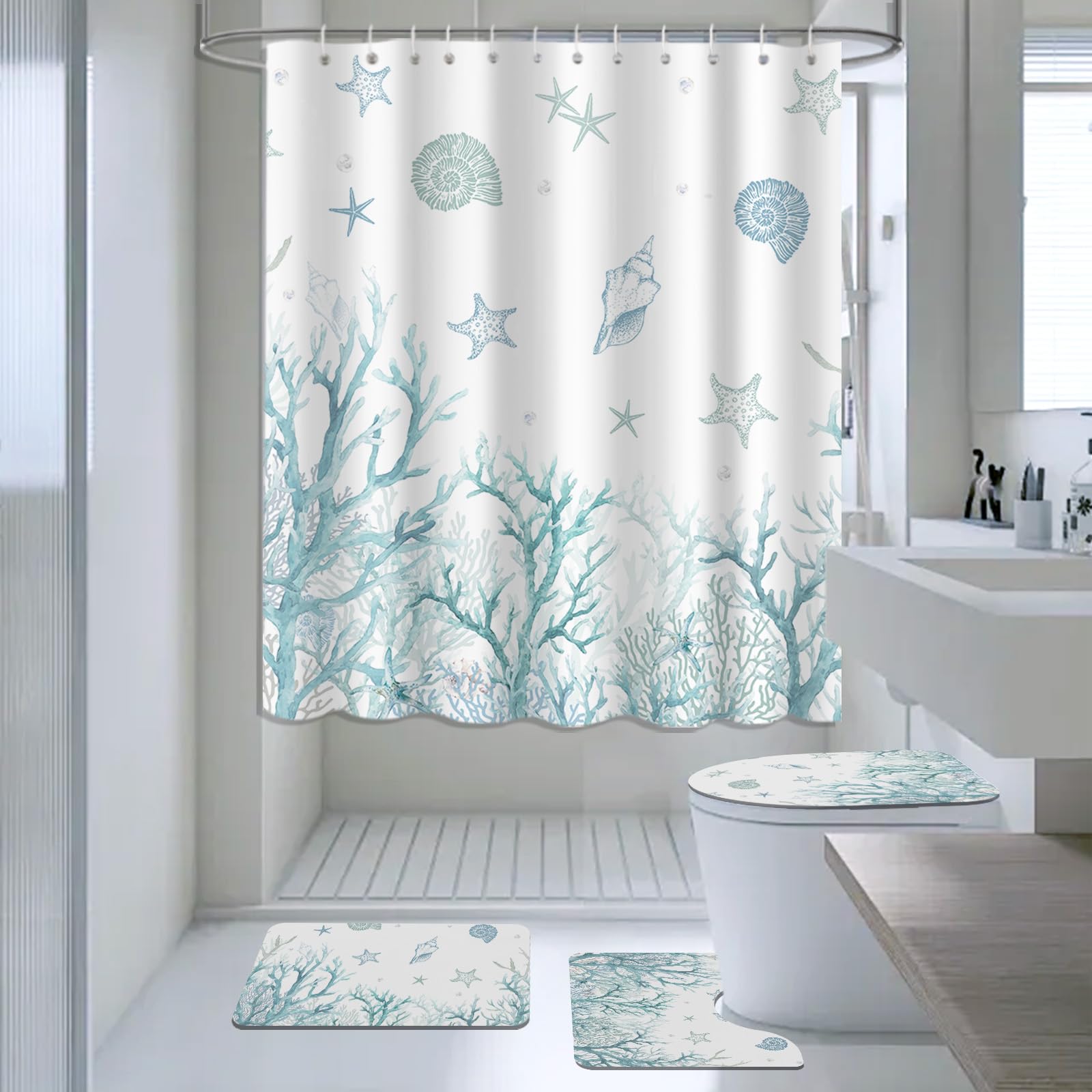 AIBIIN 4-Piece Teal Blue Ocean Starfish Shower Curtain and Bath Mat Set