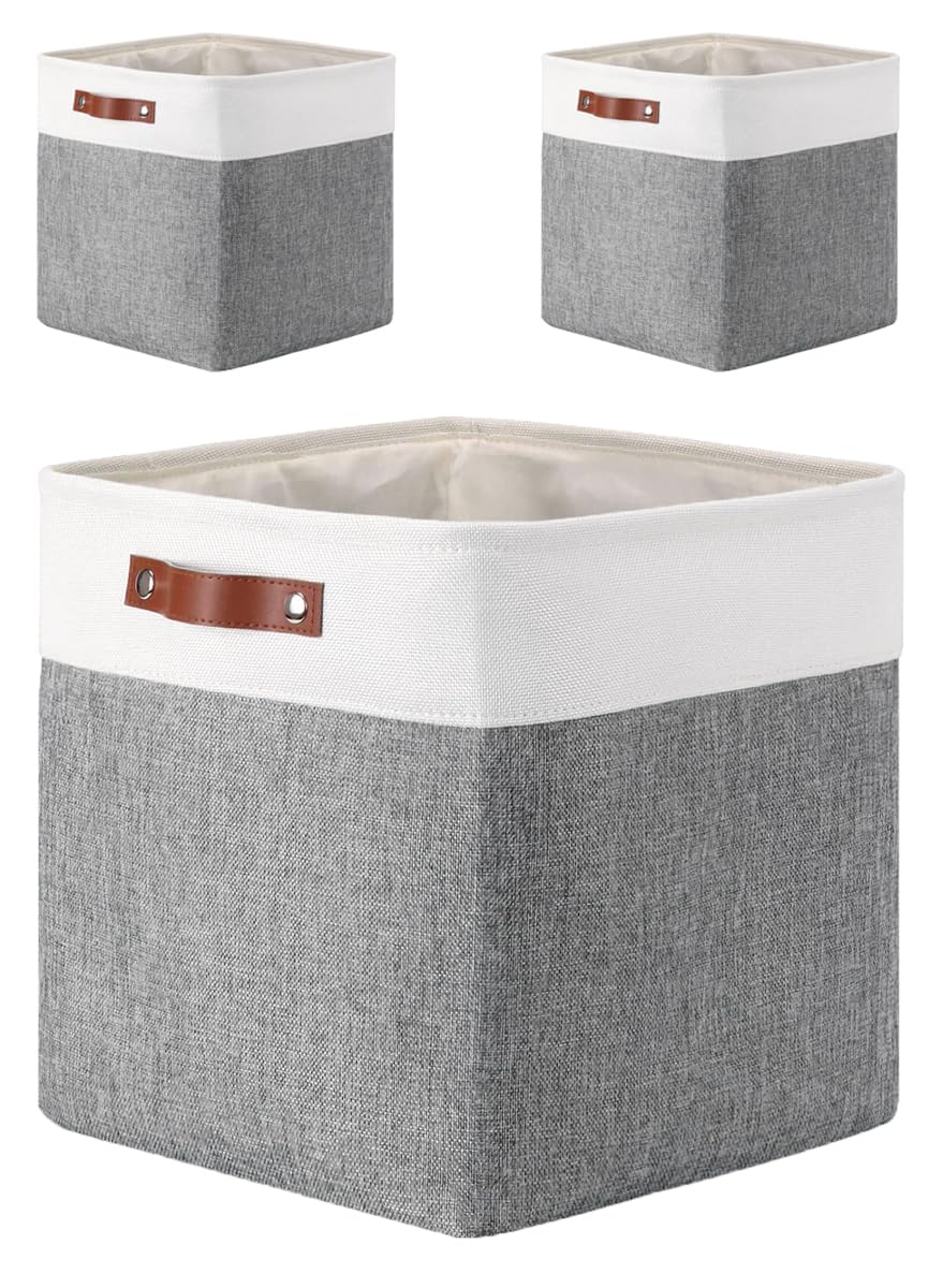 Mangata Fabric Storage Cubes – 3 Pack Foldable Baskets, 30cm, Grey White
