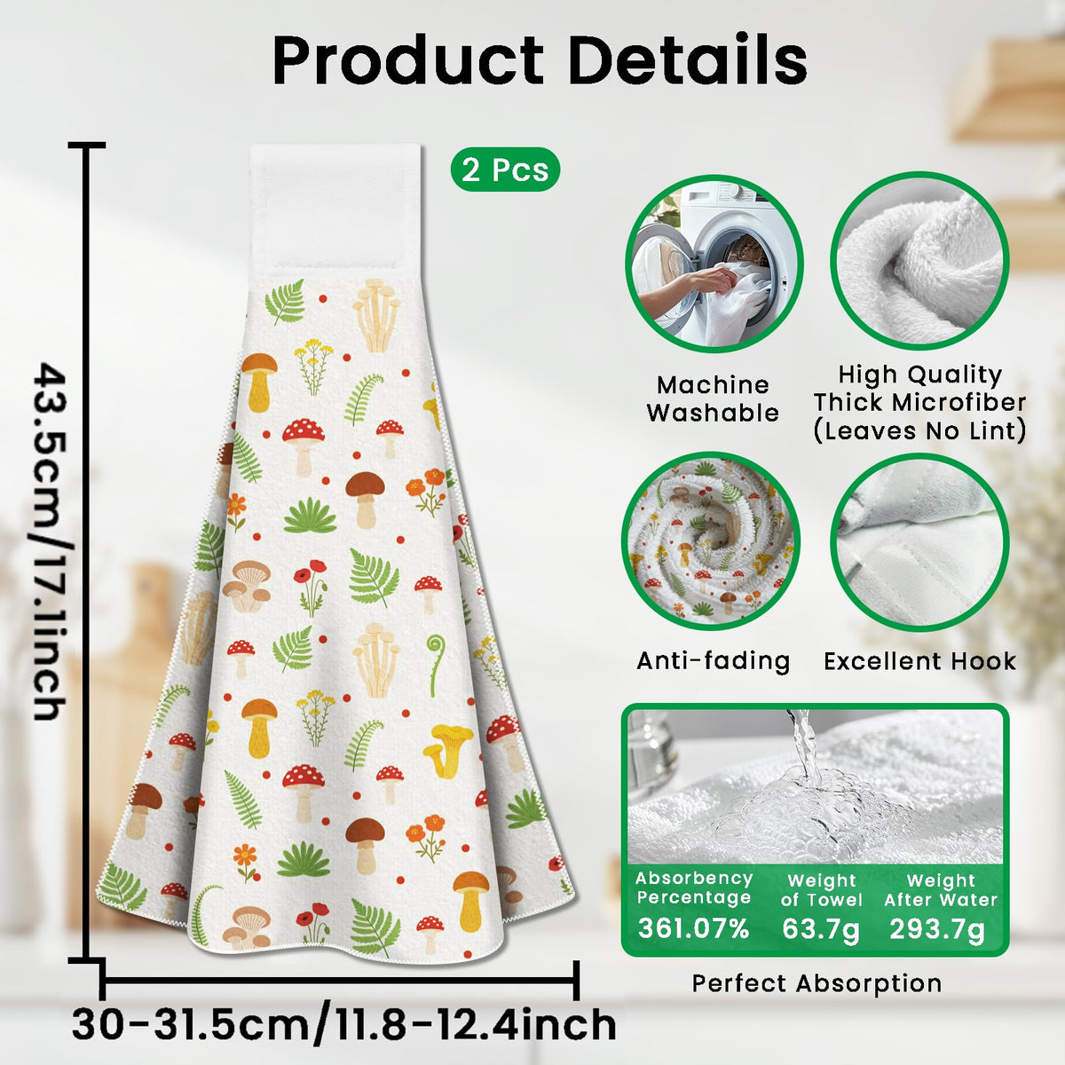 CUTHOLLOW 2 Pcs Simple Fresh Mushroom Hanging Kitchen Towels with Loop - image 2