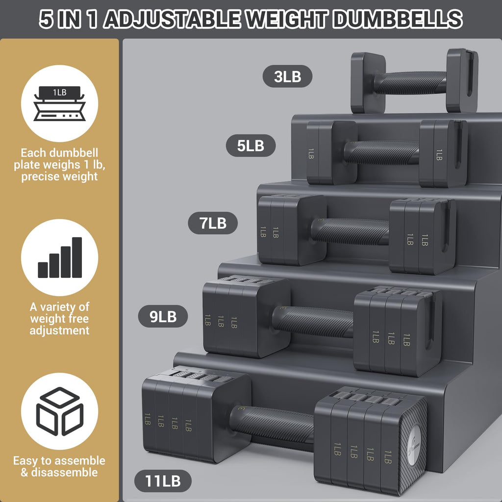 Sportneer 5-in-1 Adjustable Dumbbells Set | 3-11lbs Home Gym Weights