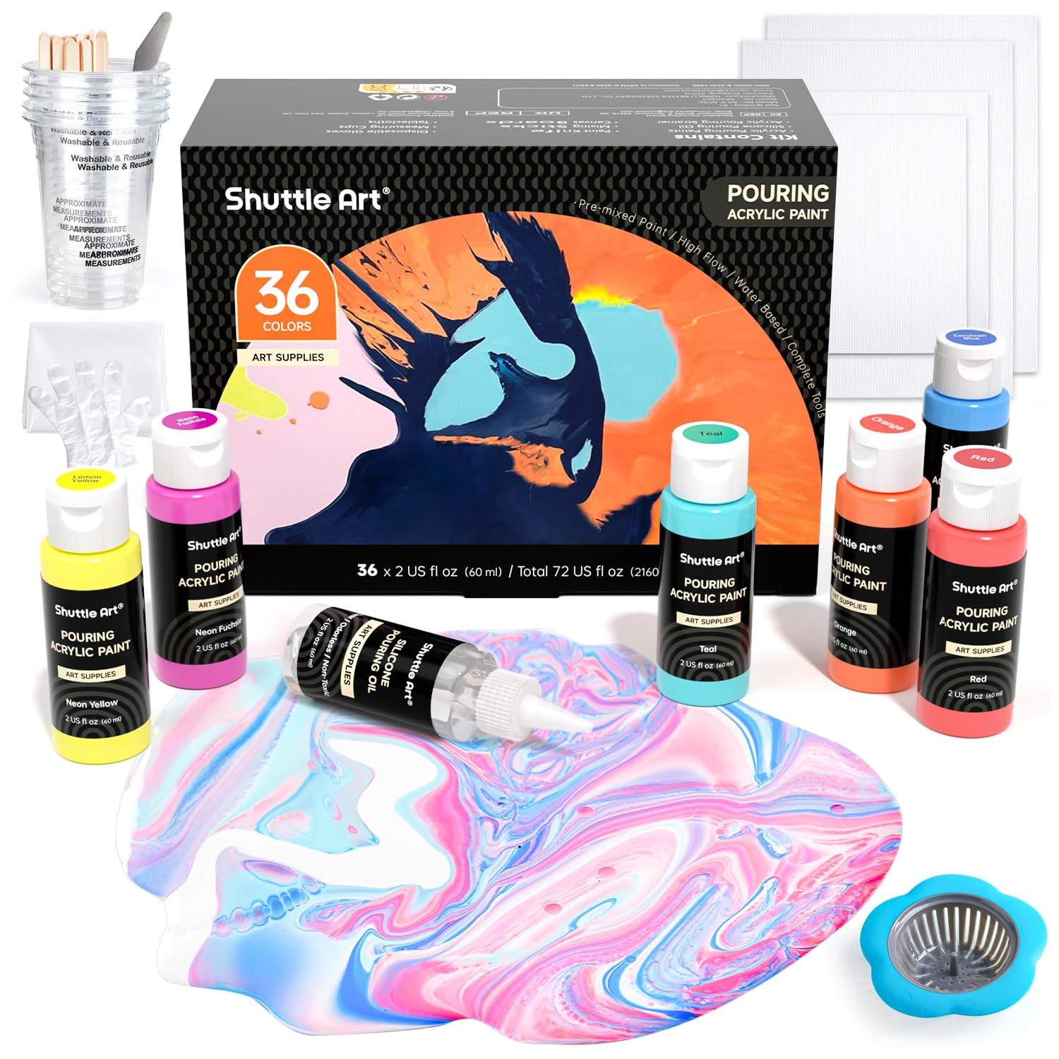 Shuttle Art Acrylic Pouring Paint Kit – 36 Pre-Mixed High-Flow Colors