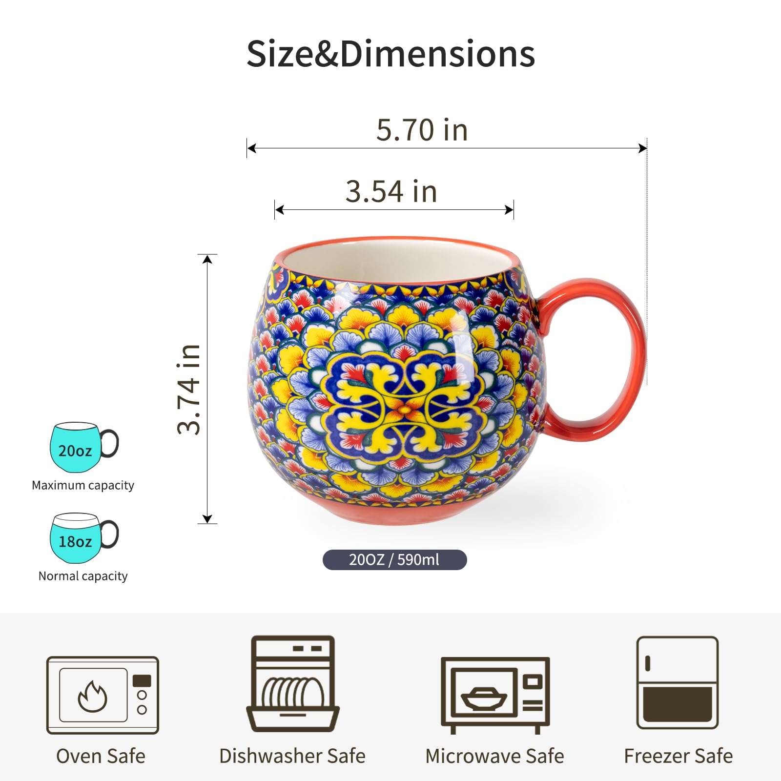 HENXFEN LEAD 20 oz Porcelain Coffee Mugs – 6 Pack Bohemian Stackable Cups