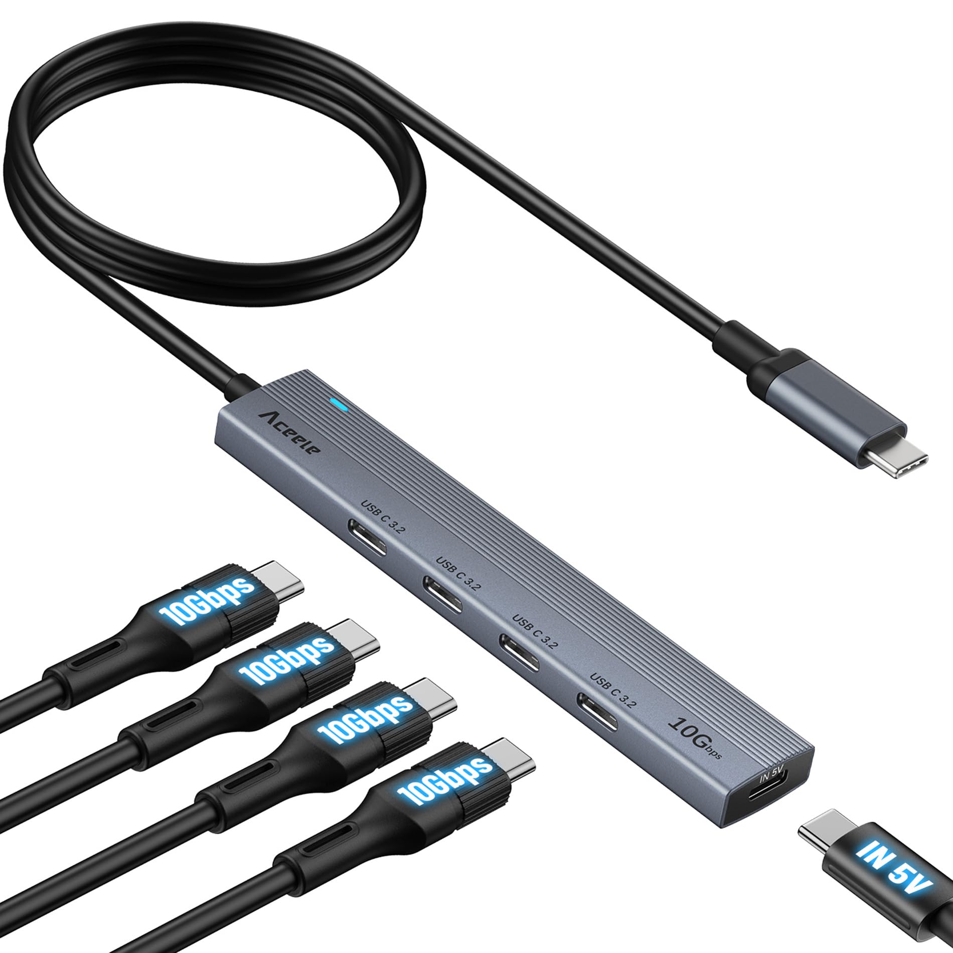 Aceele USB C Hub 3.2 Gen 2 | 10Gbps 4-Port Type-C Data Splitter