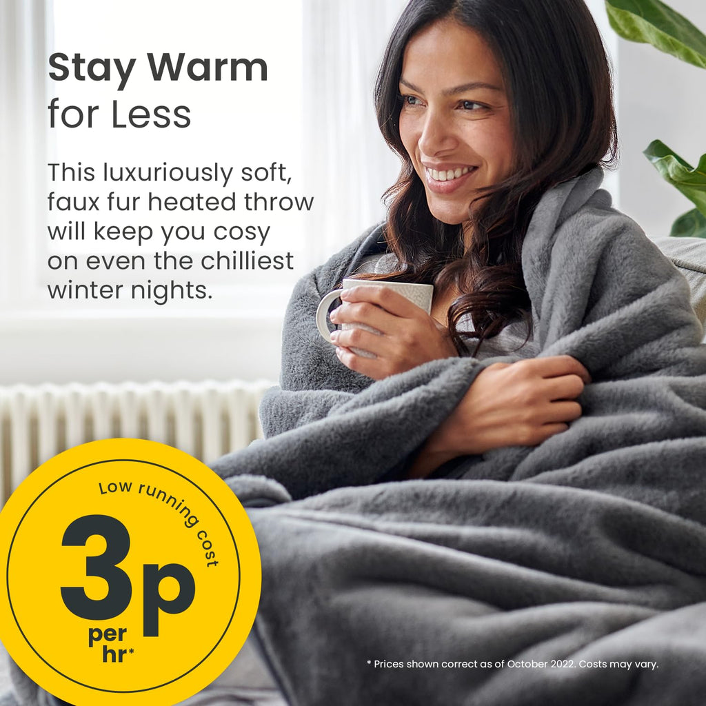 Cosi Home Luxury Faux Fur Heated Throw - Grey Electric Blanket, 160x130cm