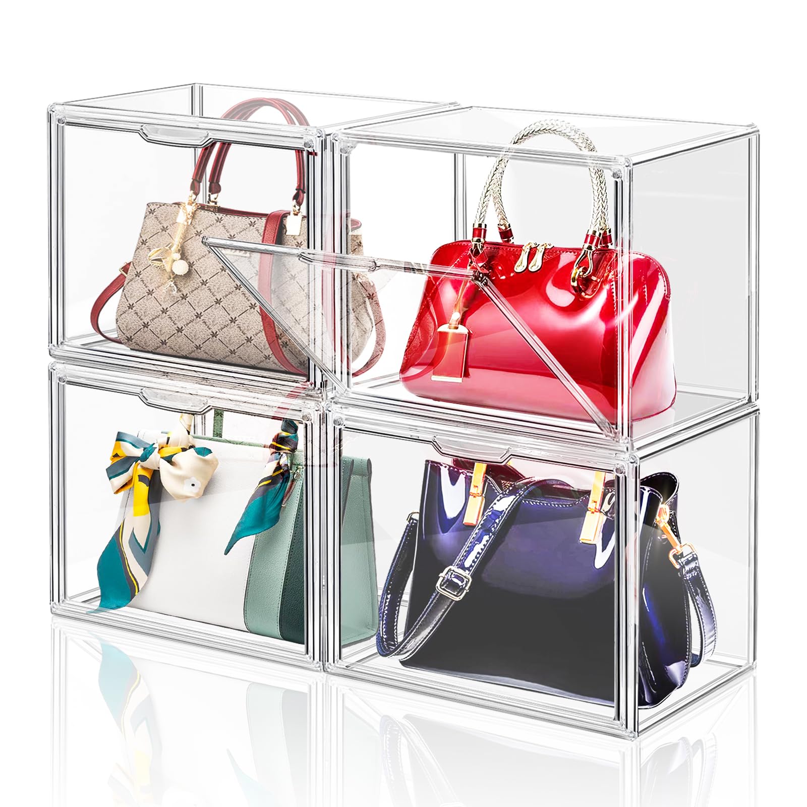 LINYAPRY Clear Acrylic Handbag Organiser – 4 Pack Stackable Display Cases
