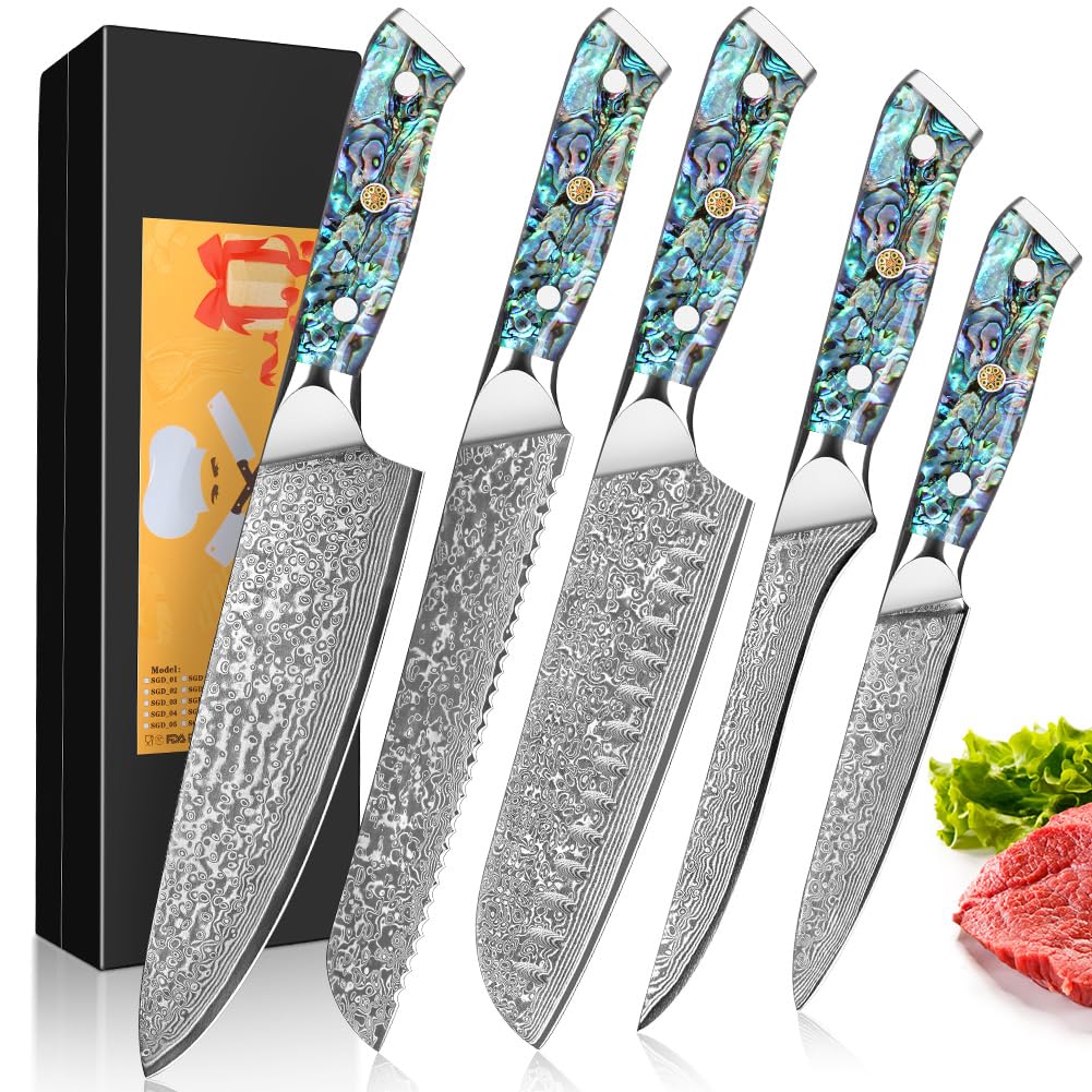 5-Piece Damascus Knife Set | VG-10 Steel & Abalone Handle